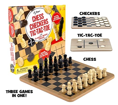 Reversible Wooden Board - Chess Checkers Tic-Tac-Toe