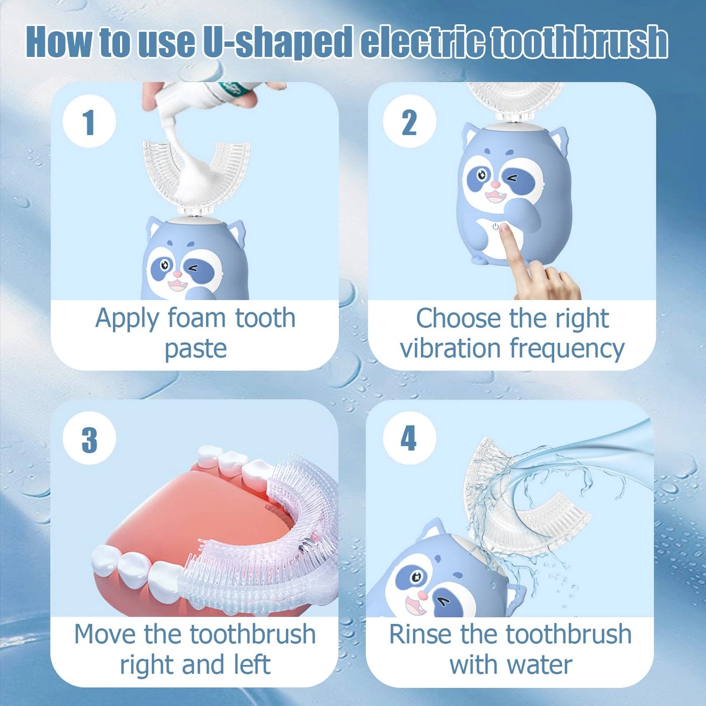 Kids Electric U Shaped Toothbrush - 4 Brush Heads Rechargeable IPX7 Waterproof