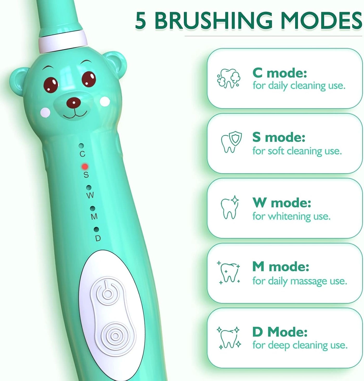 Kids Sonic Electric Toothbrush - Cute Bear 4 Brush Heads 2 Min Timer