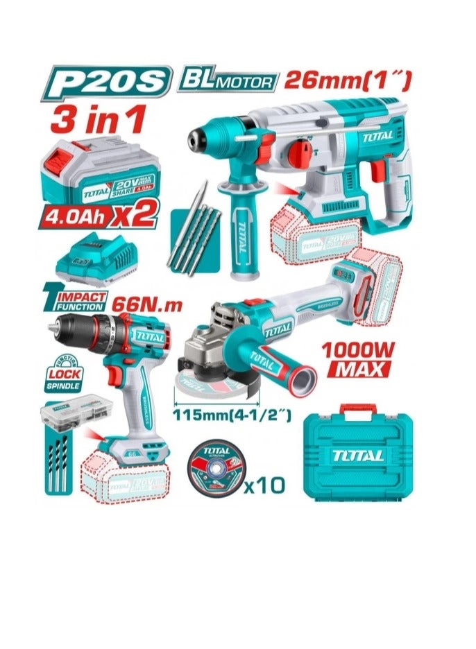 Total Impact Drill + Angle Grinder + Rotary Hammer - 4.0 Ampere-hour 20 Volt