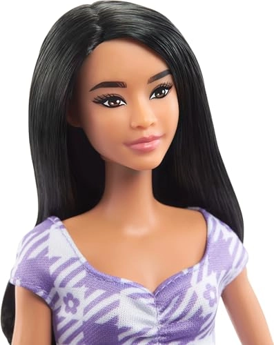 Barbie Fashionistas - Tall Body Wavy Black Hair Purple Gingham Dress Ages 3+