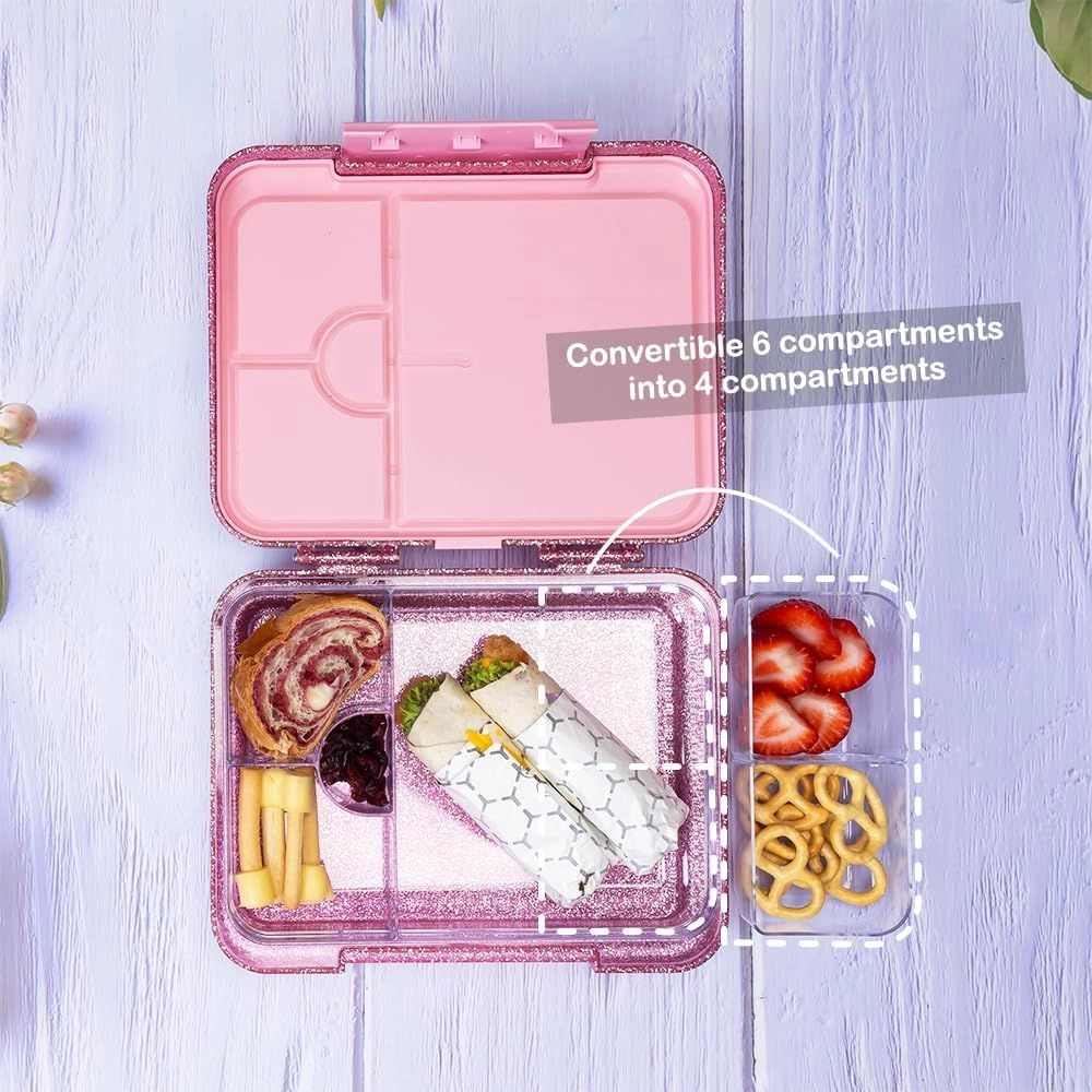 Bento Lunch Box - Glitter Pink + Water Bottle - 550 ml + Spoon + Fork + Cutlery Bag