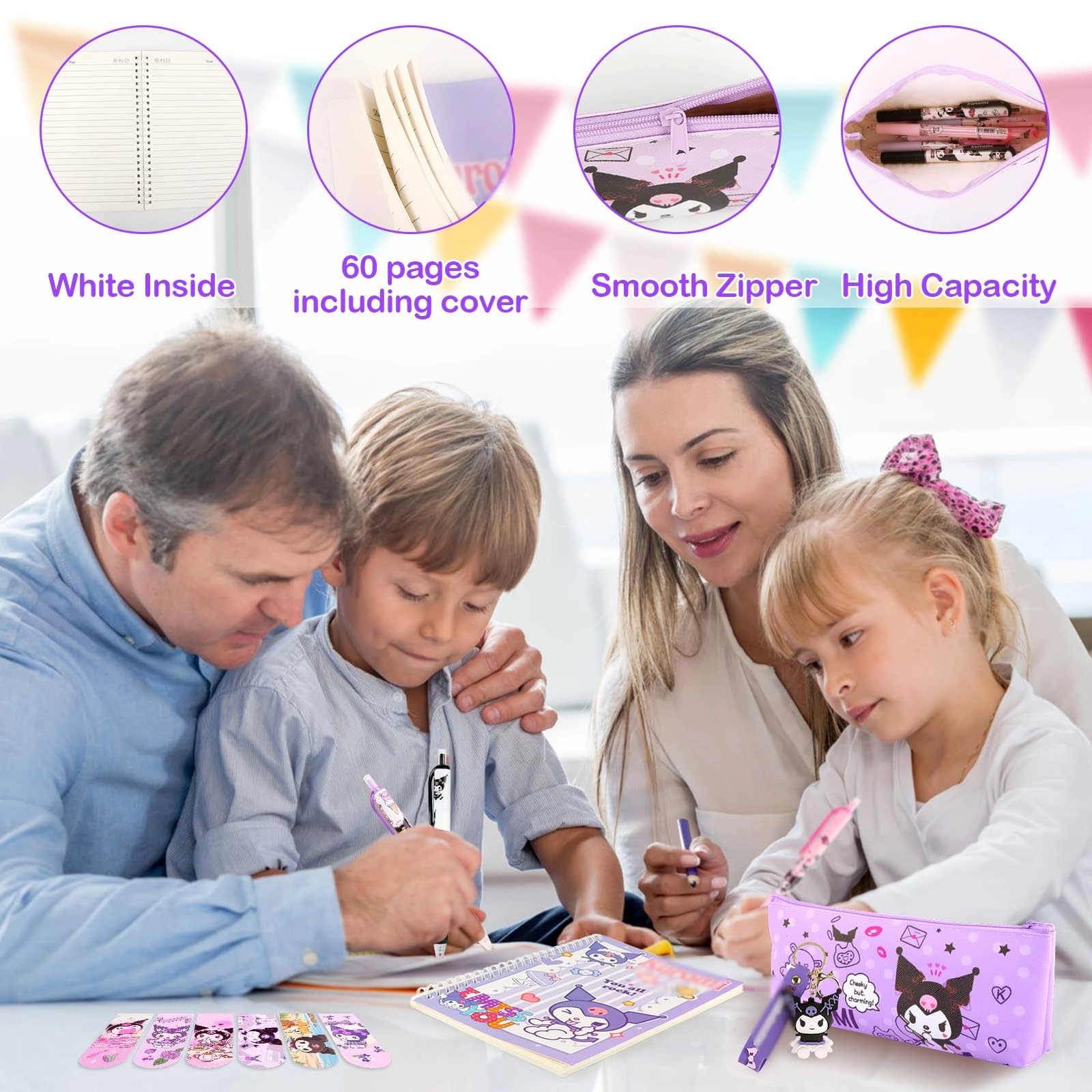 Gel Pens - 6 + Pencil Case - 1 + Notebook - 1 + Stickers - 50 + Bookmarks - 6 + Keychains - 1