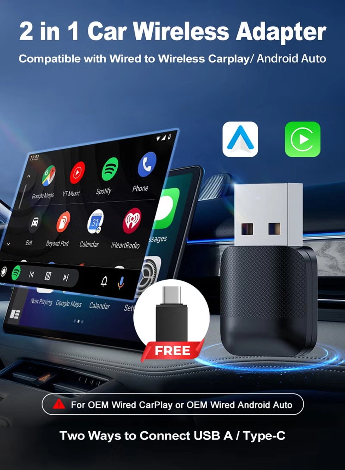 Wireless CarPlay & Android Auto Adapter - 2-in-1 Plug & Play Dual-Band