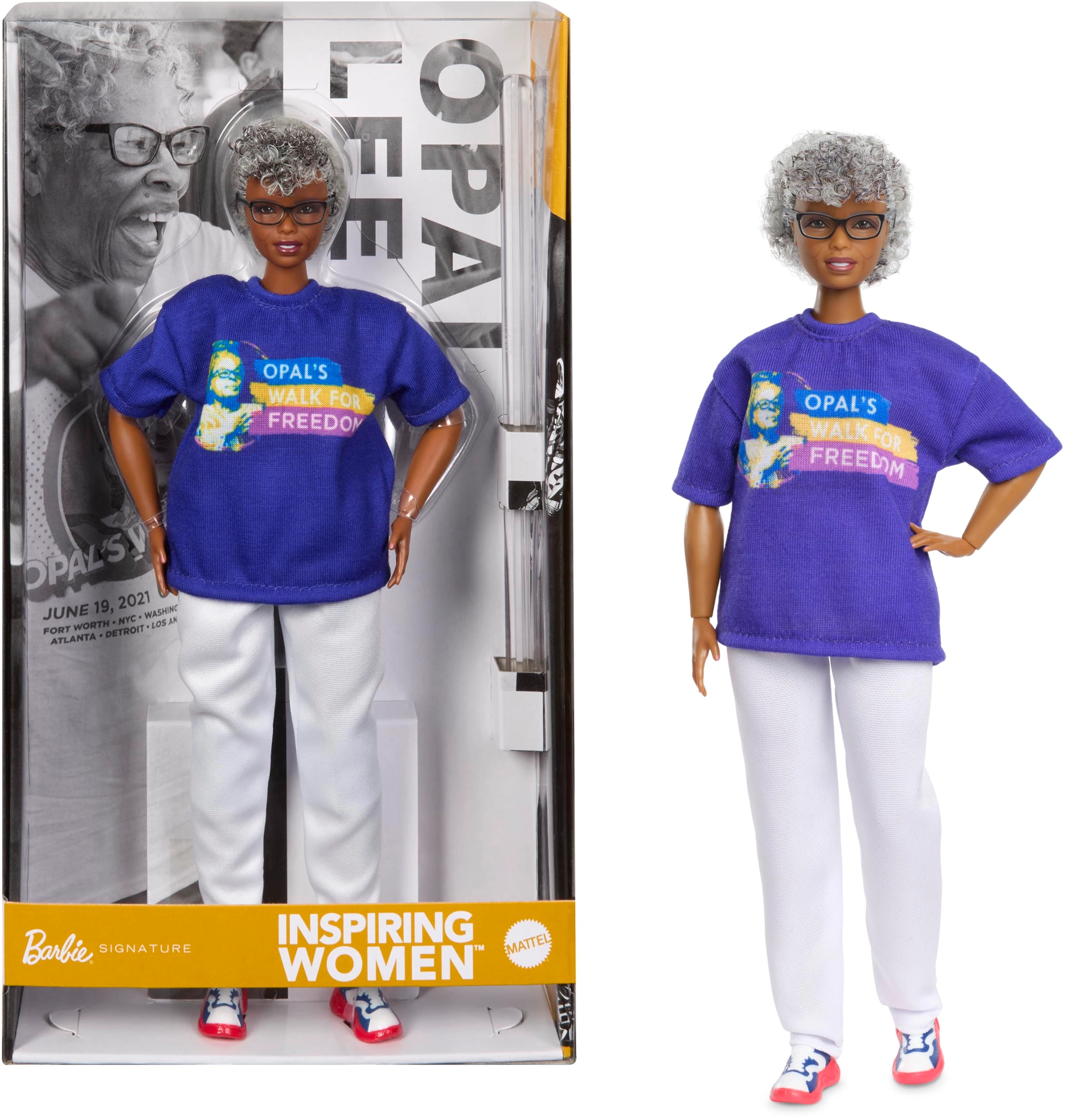 Barbie Opal Lee Doll - Inspiring Women Blue “Opal’s Walk for Freedom” T-Shirt Ages 6+