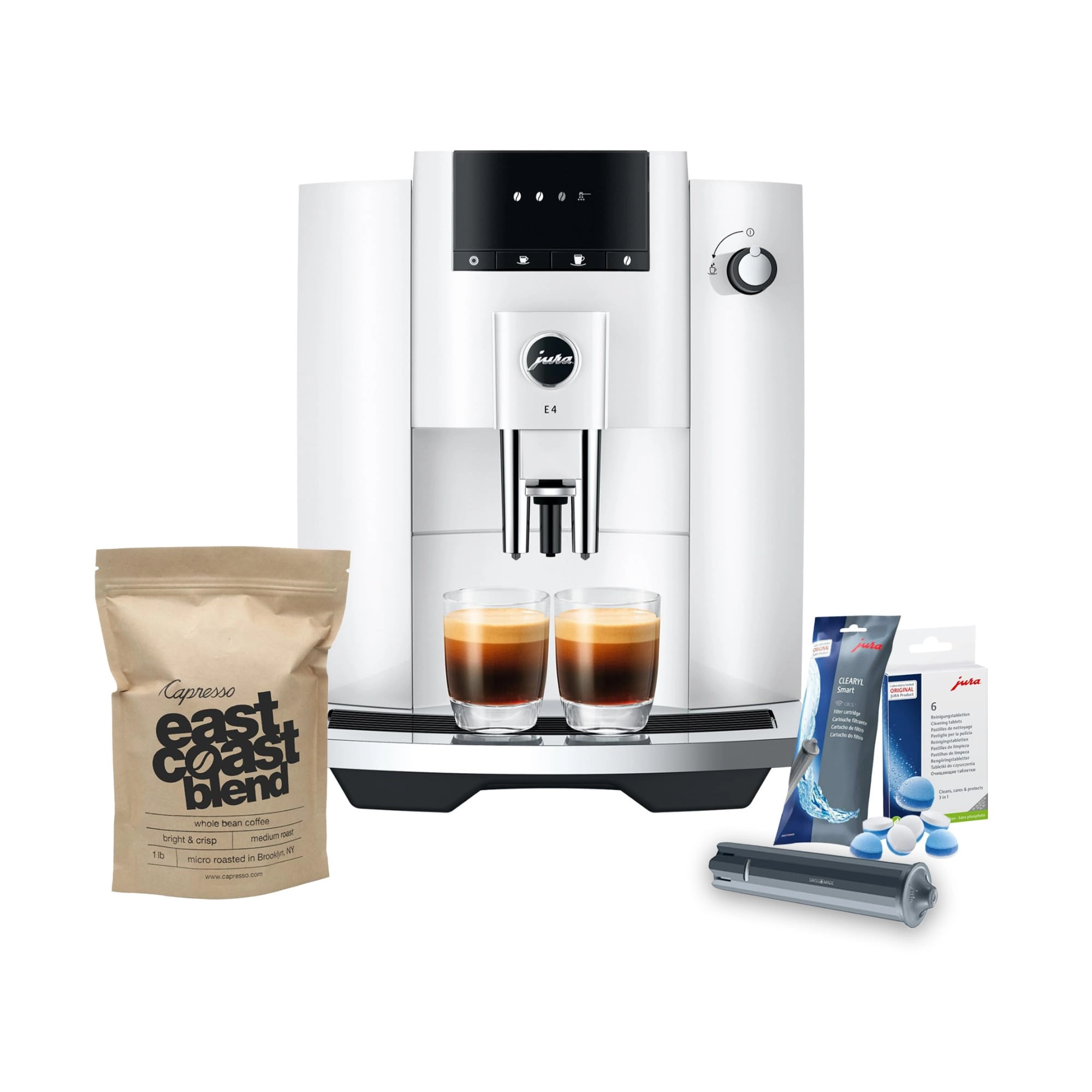 JURA E4 - 15560 + CLEARYL Smart+ Filter Cartridge + East Coast Blend + 3-Phase 6 Cleaning Tablets