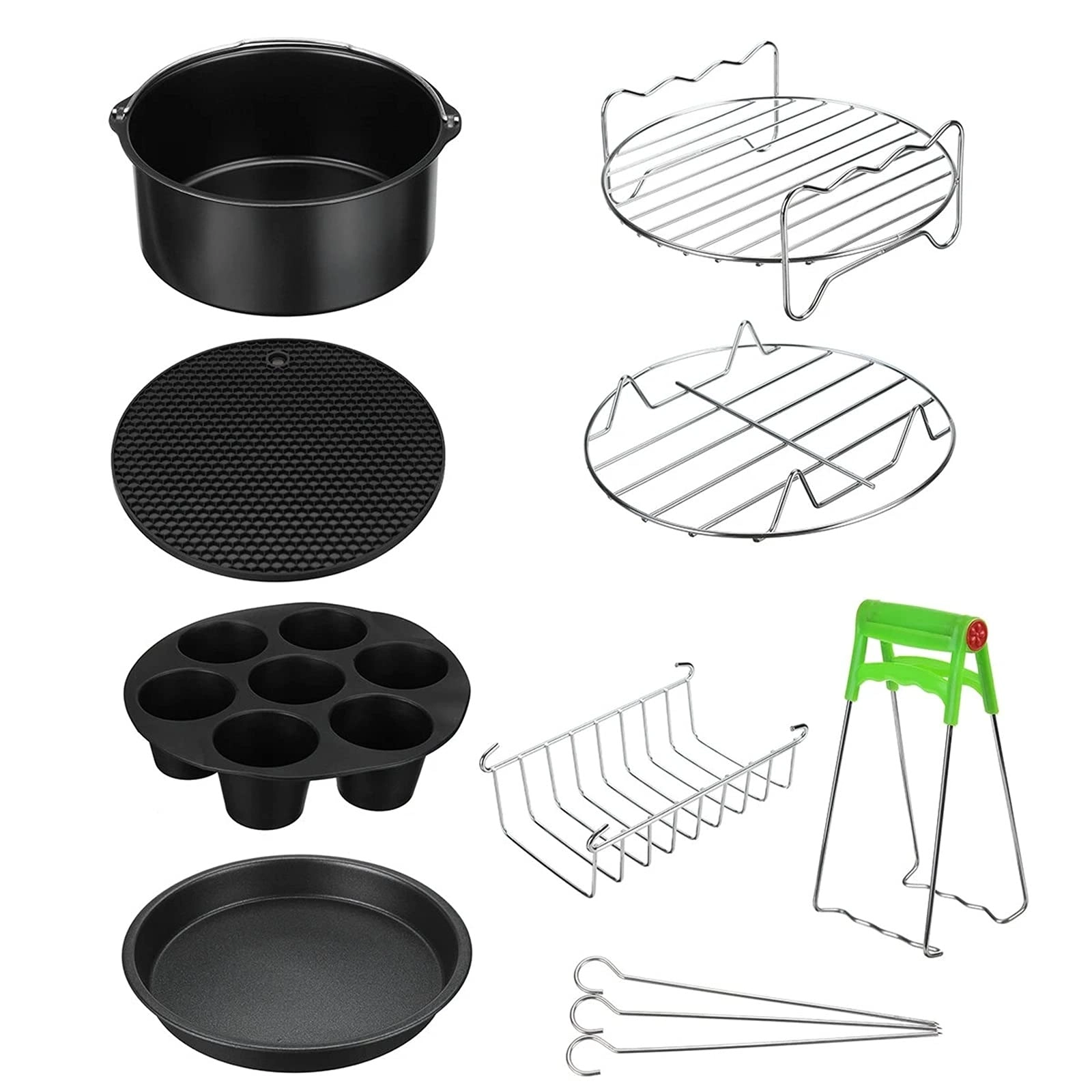 DHXYZM Toasted barrels + Pizza pan + Partition + Skewer Rack + Toasting/ Warming Rack + Muffin Cups + Large insulation pad + Lift plate clamp + Stick for skewers - Silicone Stainless Steel Carbon Steel 8 Pcs