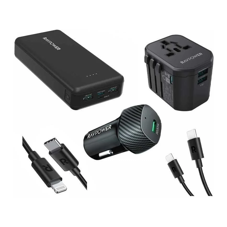 RAVPower Travel Adapter + Powerbank - 20000 mAh + Car Charger + Charging Cables + Carrying Case
