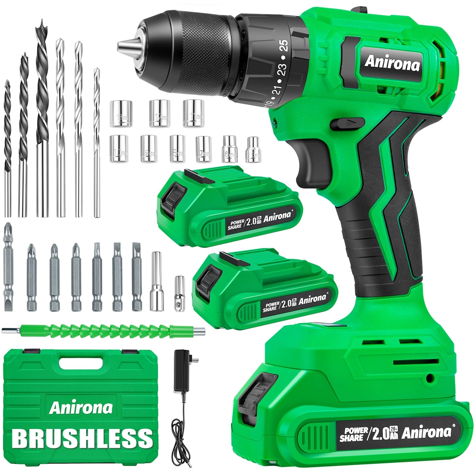 Anirona Brushless Cordless Power Drill - 2 Amp Hours