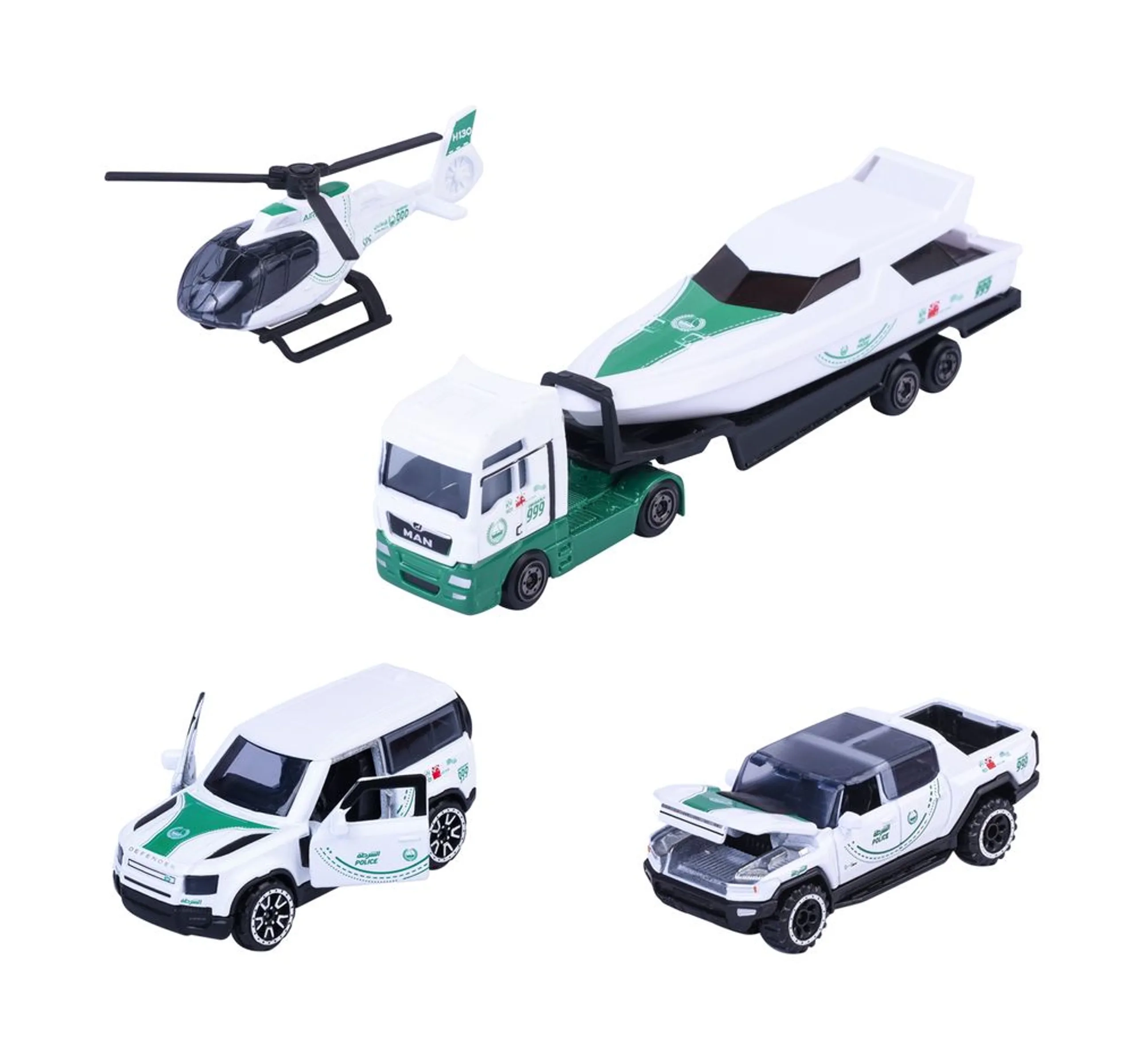 Majorette Land rover Defender + GMC Hummer + Helicopter + Truck - 1:64 4 pcs