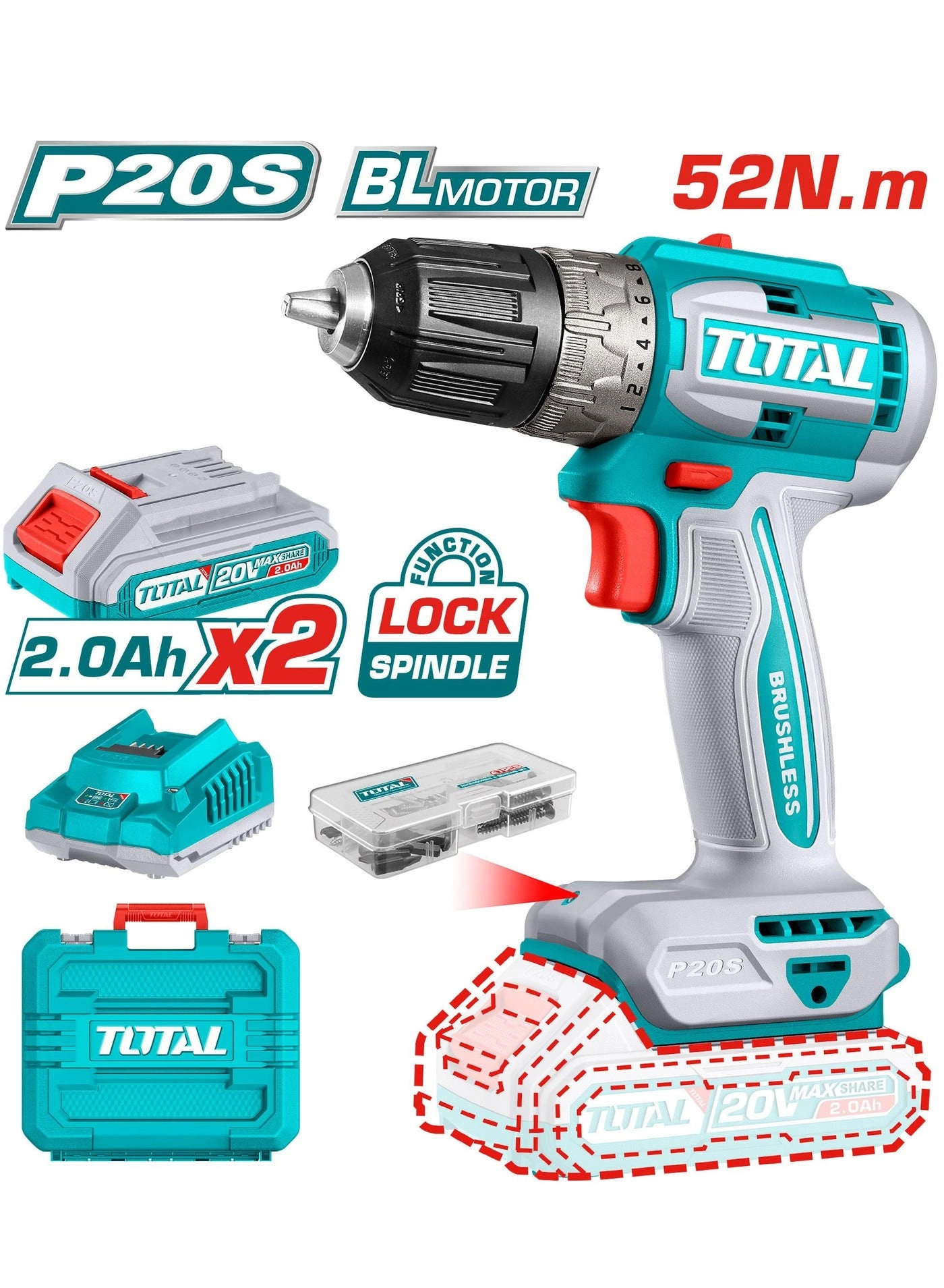 Total Brushless Cordless Drill - 2.0Ah 20V