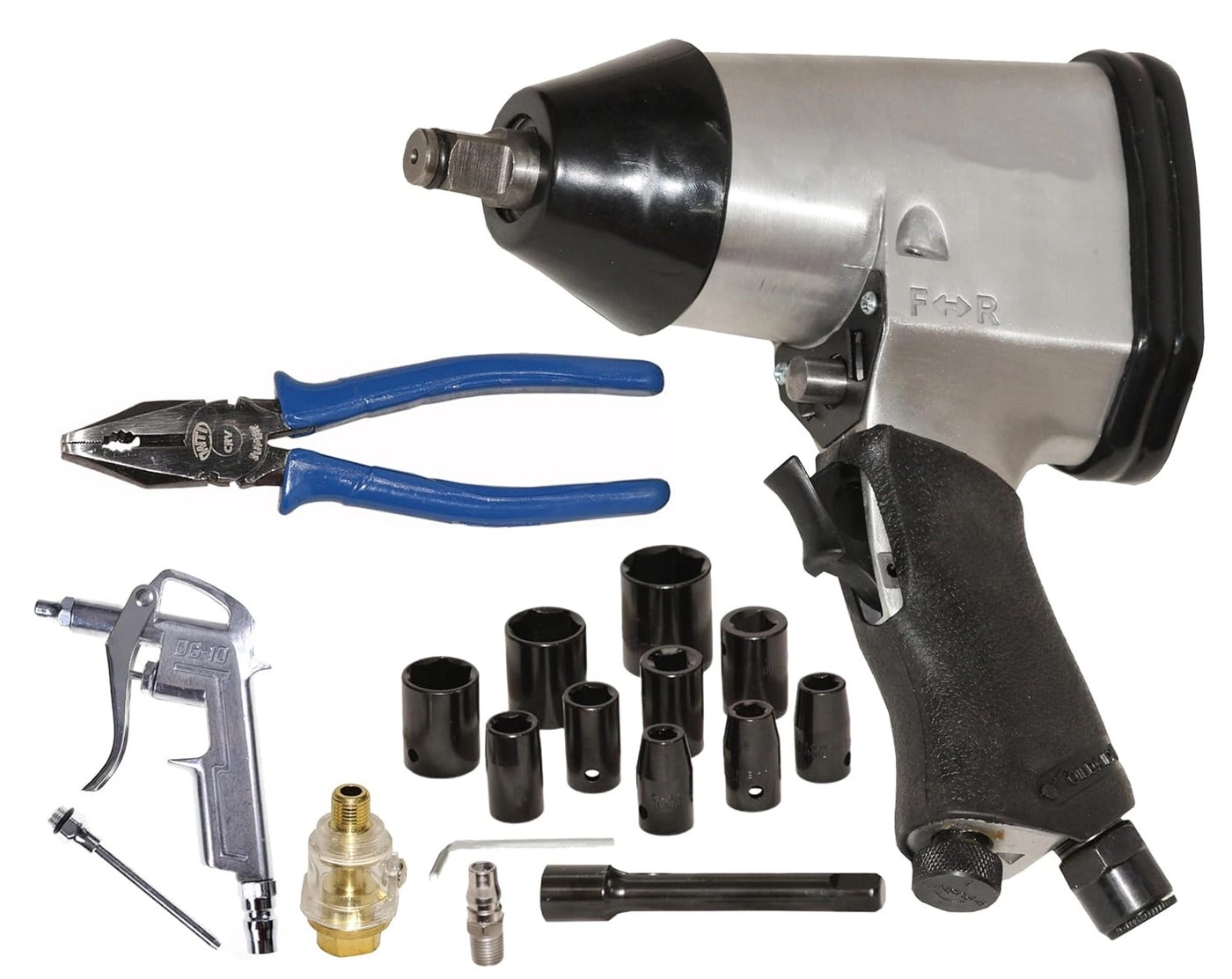 Pneumatic Impact Wrench - 12 + Air Blow Gun + Hammer - 200gm + Socket Set - 10pc + Extension Bar - 927mm + Mini Oiler + Air Nipple