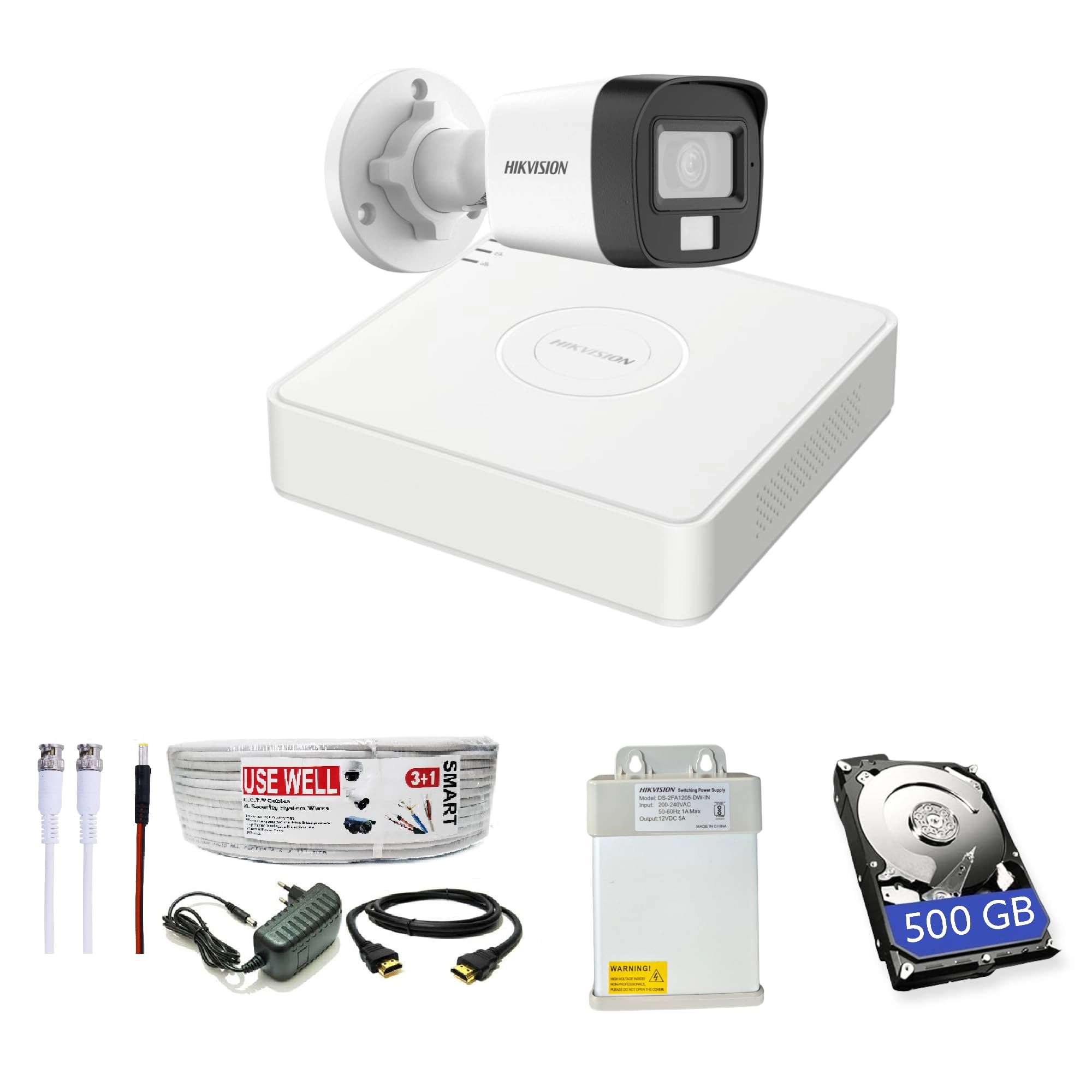 Prama Hikvision India Pvt.Ltd Turbo HD DVR - 4 channels + Outdoor Dual Light Camera - 2 MP + HDD - 500 GB + Power Supply + Cable + BNC/DC Set