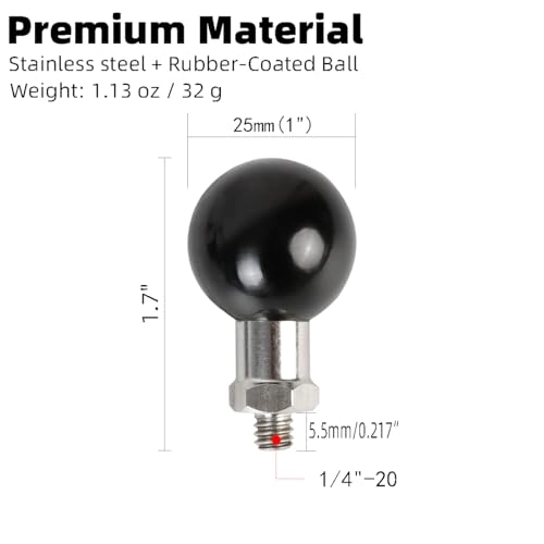 1" Ball Mount Adapter - 1/4"-20 Threaded Bolt B Size Double Socket Arm