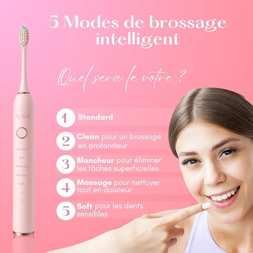 Sonic Electric Toothbrush - 3 Months Battery Life 5 Brushing Modes + Brush Heads - 2