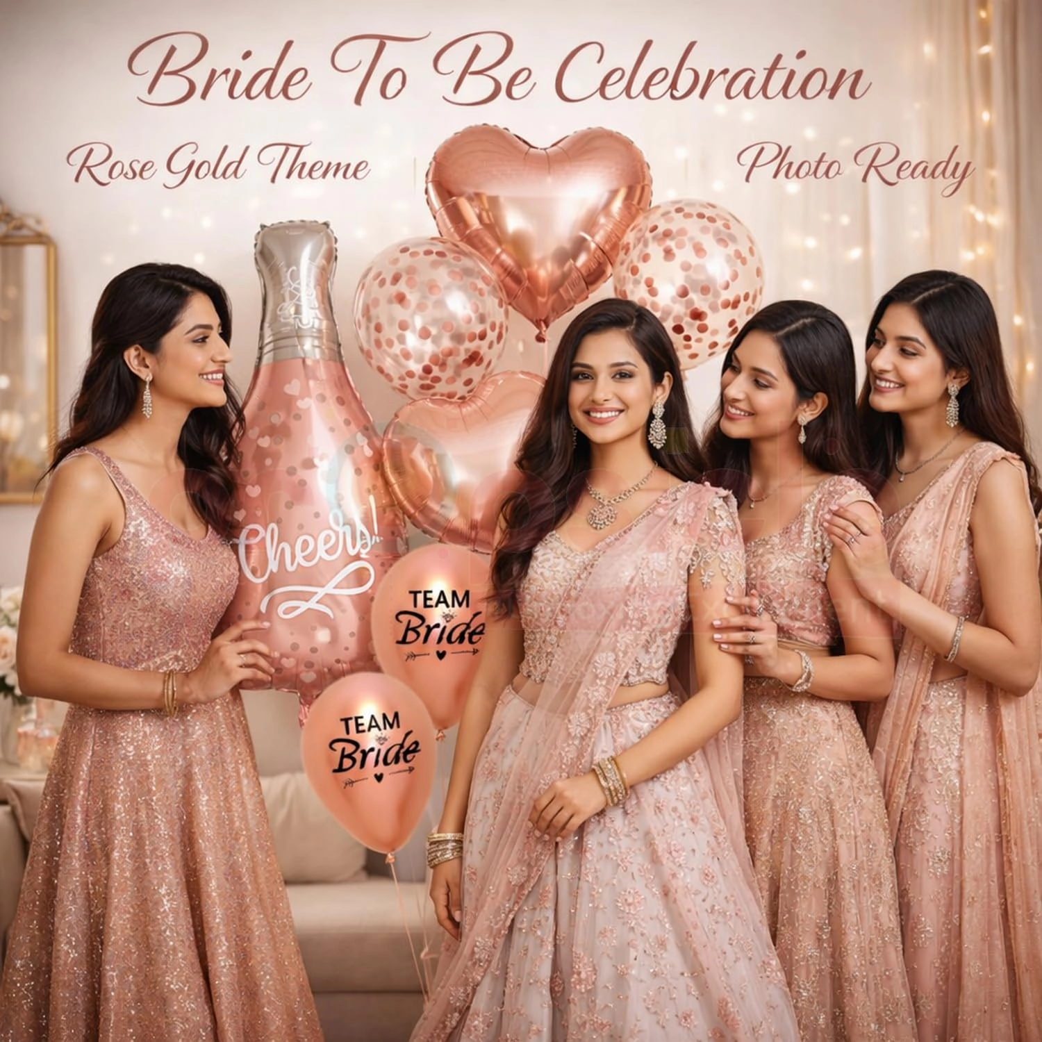 Cheers Champagne Bottle Balloon + Heart Foil Balloon + Confetti Balloon + Team Bride Balloon - Pack of 7 Bachelorette, Bridal Shower