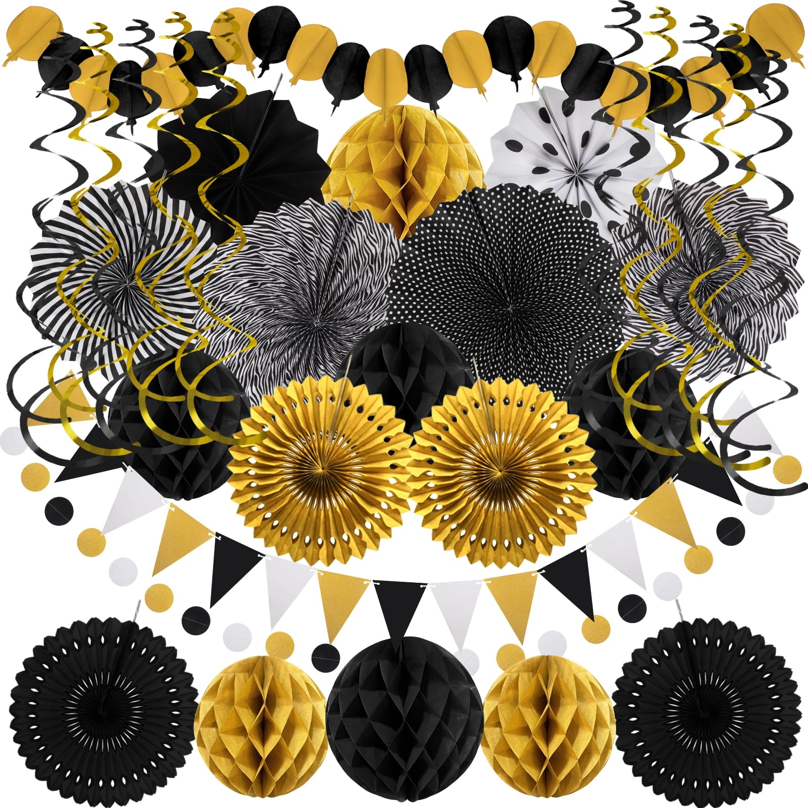 zerodeco Paper Fan Honeycomb Ball Garland - 6 x Hanging Paper Fan 6 x Paper Honeycomb Ball 4 x Paper Hollow Fan 1 x Paper Balloon Garland 1 x Circle Paper Garland 10 x Hanging Swirl 1 x Triangular Pennant Anniversary