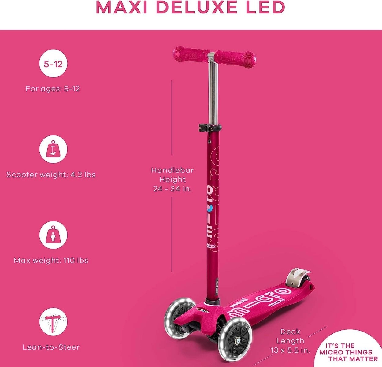 Maxi Deluxe 3-Wheel Kick Scooter – 120/80 mm LED