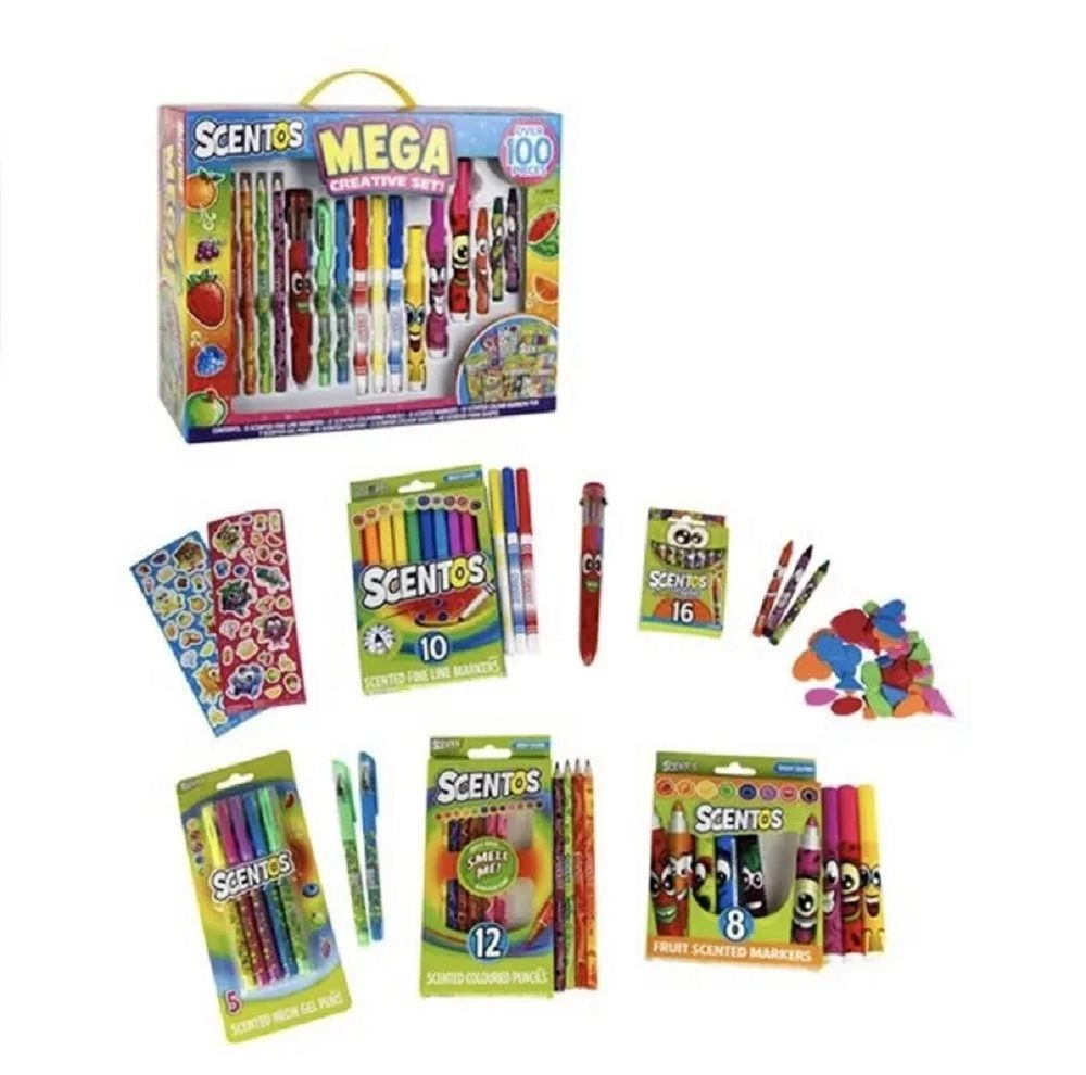 Mega Creative Set - 100 Pieces 10 Scented Colour Rainbow Pens 7 Scented Gel Pens 19 Scented Crayons 13 Scented Fine Line Markers