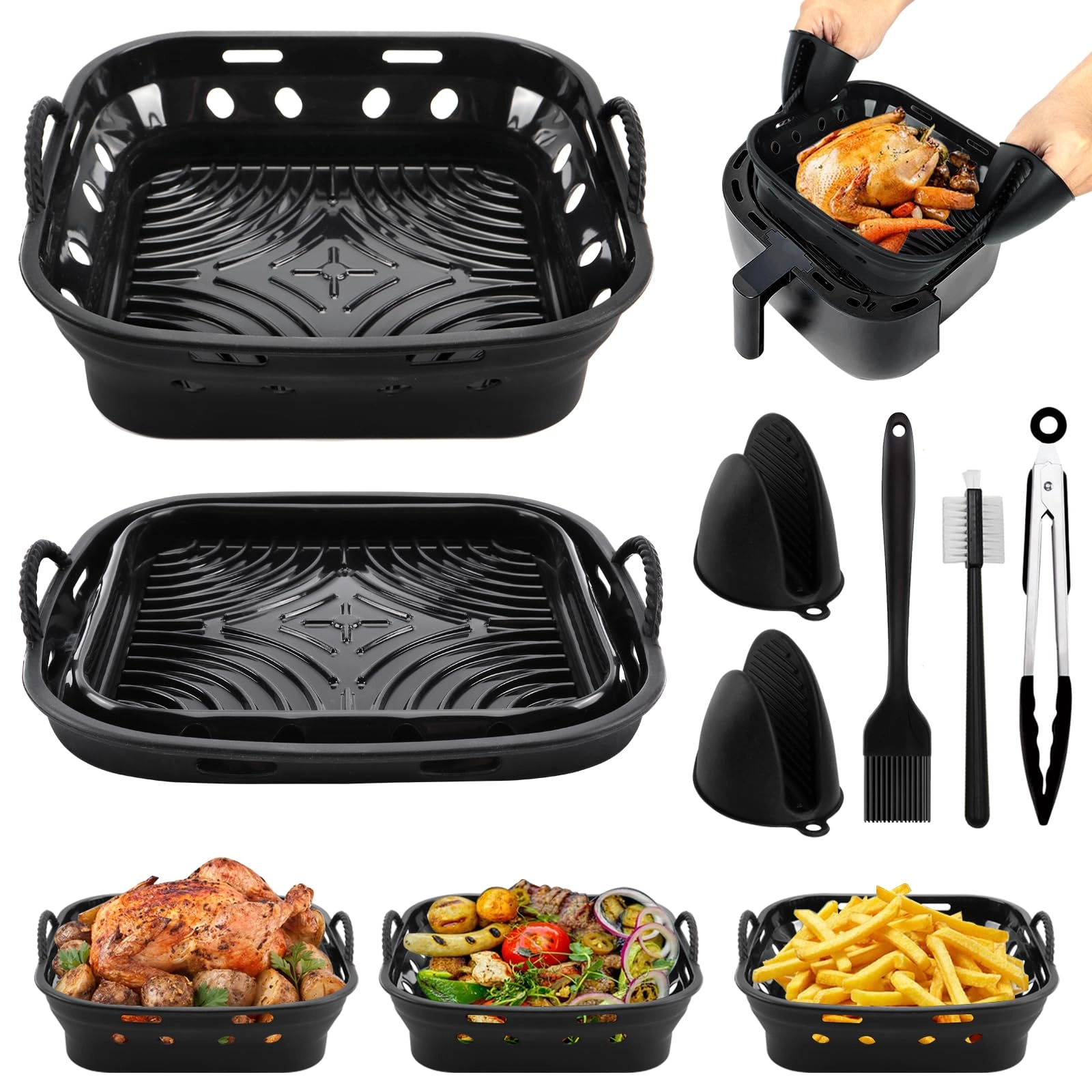Foenwoen Air Fryer Silicone Mould + Gloves + Oil Brush + Food Clip + Dish Brush - Aluminum, Plastic 7 piece(s)
