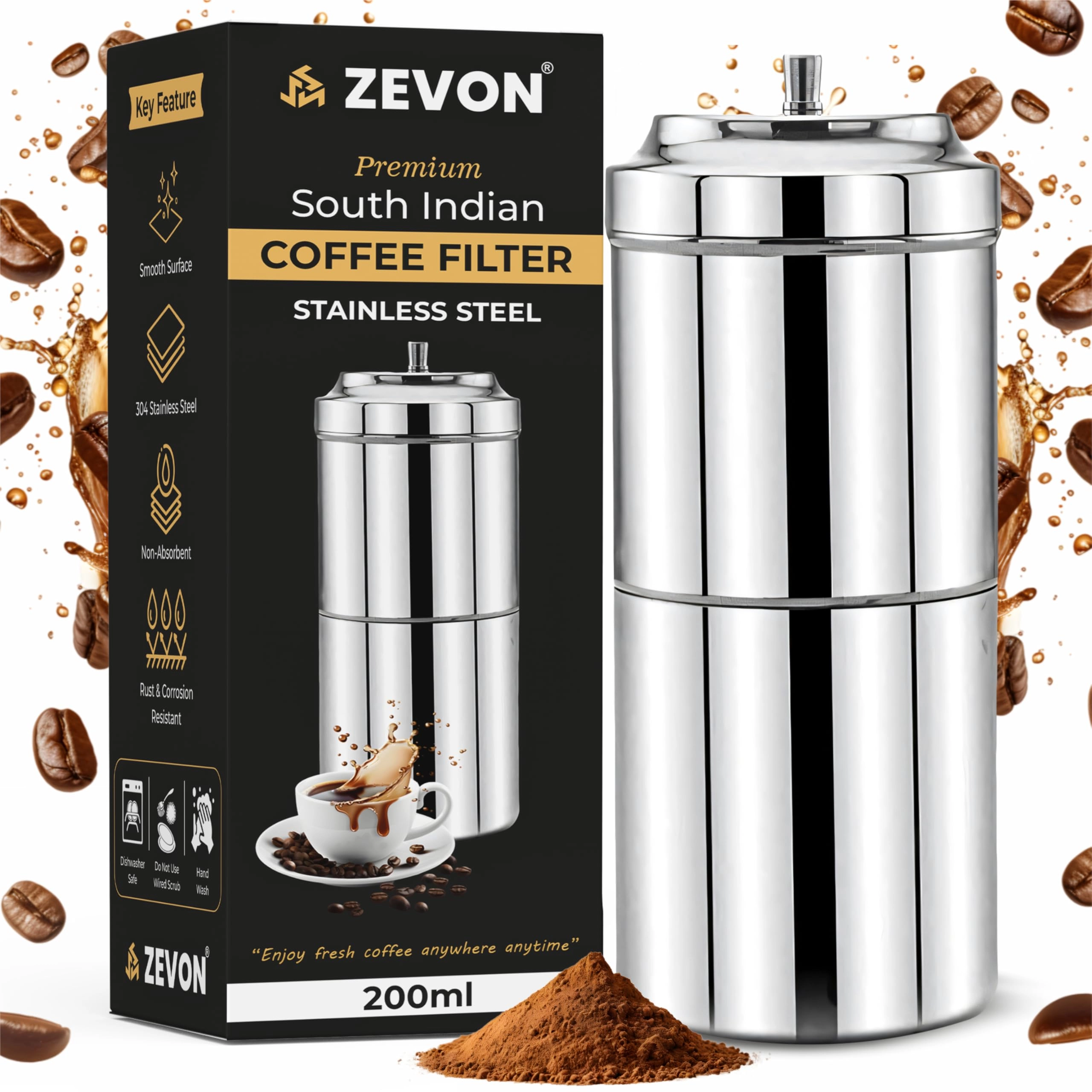 ZEVON Filter Coffee Maker - 200 Milliliters Stainless Steel Permanent Filter