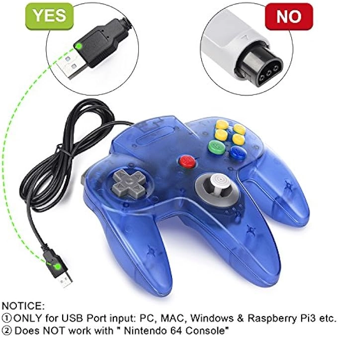 Retro N64 Controller - BLUE/RED Windows PC Mac Raspberry Pi Pack