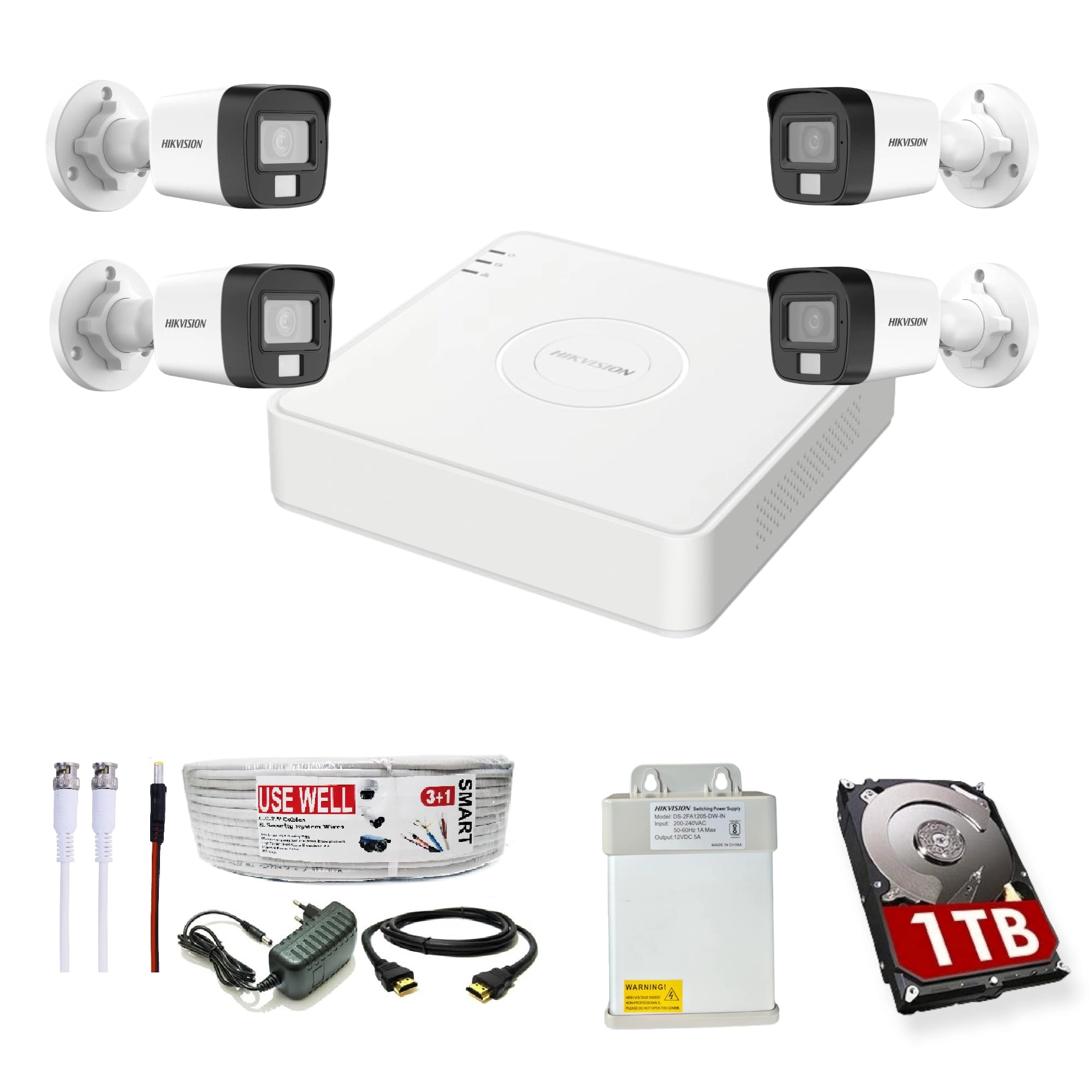 Prama Hikvision India Pvt.Ltd 4 Channel Turbo HD DVR + 2 MP Outdoor Dual Light CCTV Camera + 1 TB HDD + CCTV Cable Bundle + 4 Channel Power Supply + BNC & DC Connectors + HDMI Cable