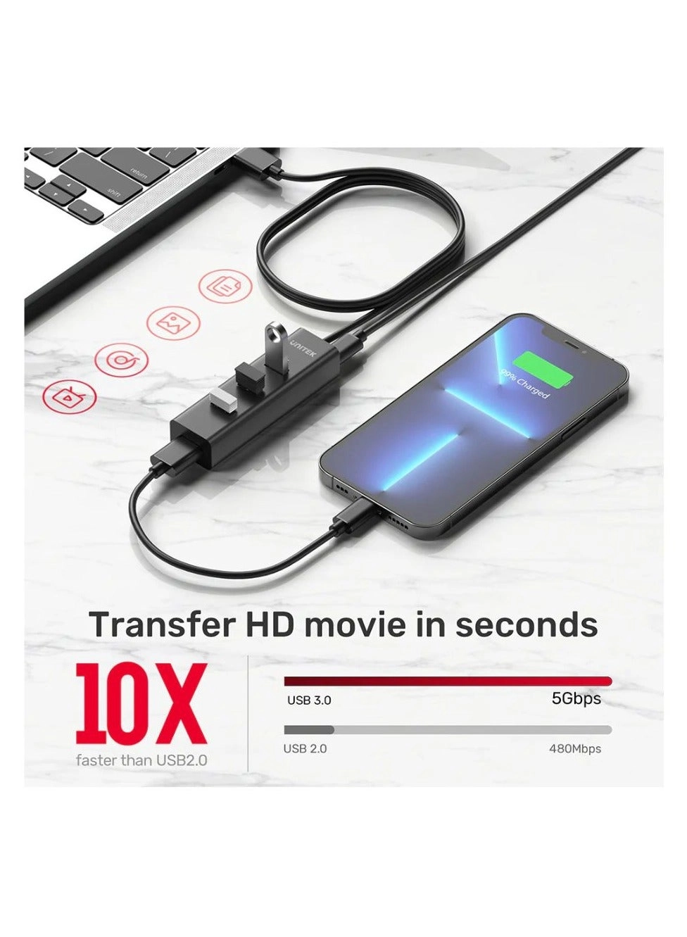 4-in-1 USB-A Hub - 5Gbps 1.2 m cable