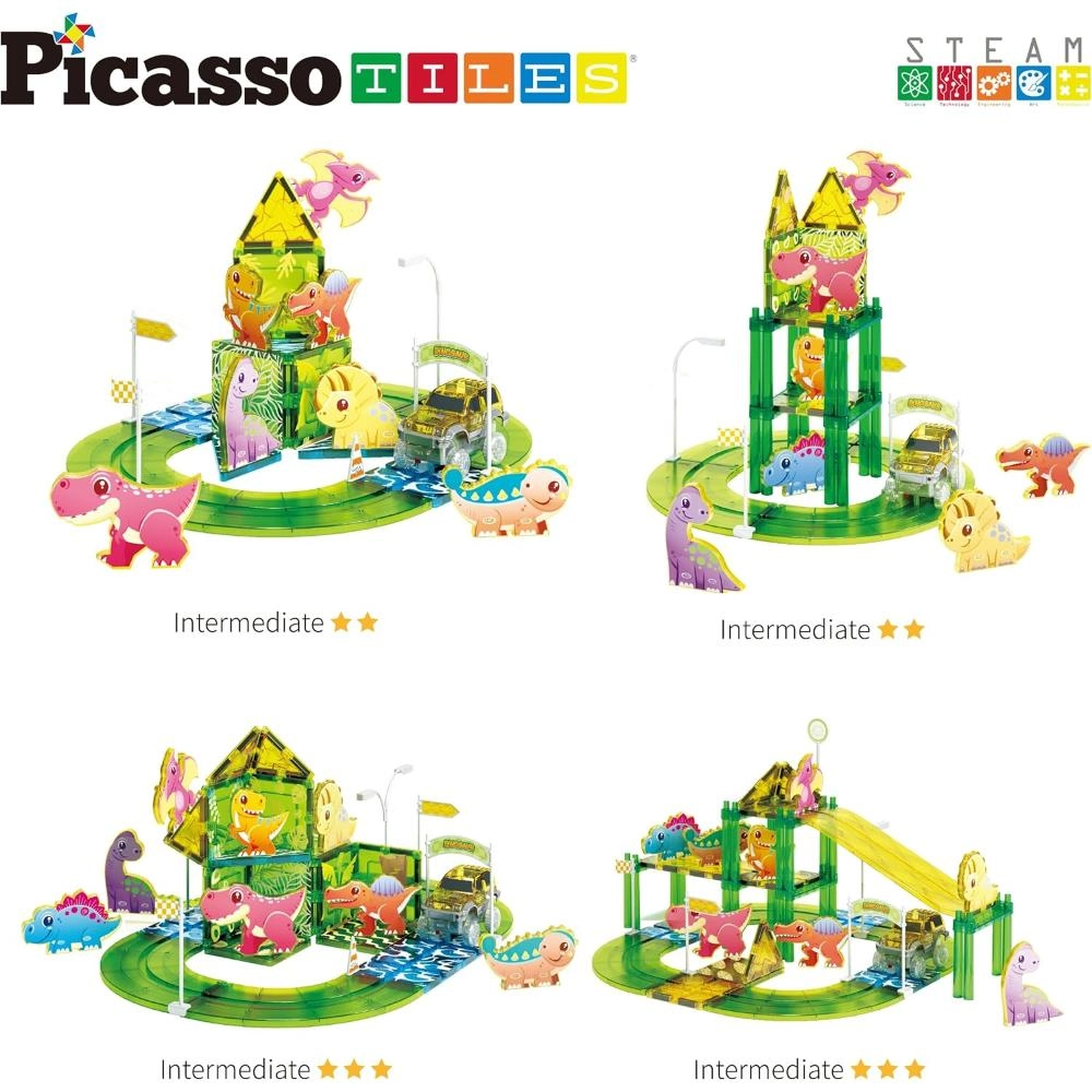 Dinosaur Magnetic Tile Race Car Track - 89 pcs