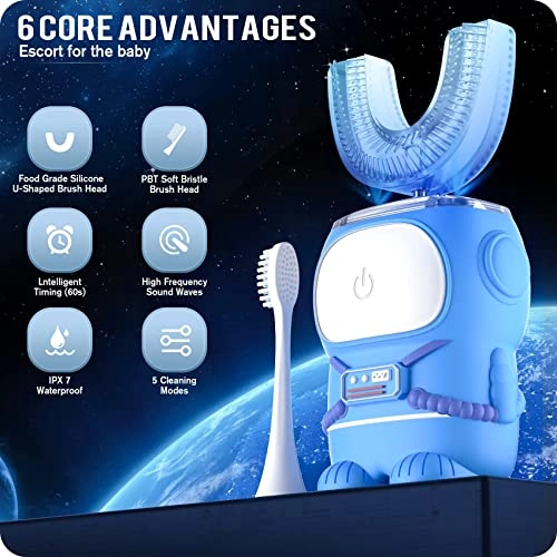 Ultrasonic Kid's U-Shaped Electric Toothbrush - IPX7 Waterproof Five Cleaning Modes 60S Smart Reminder