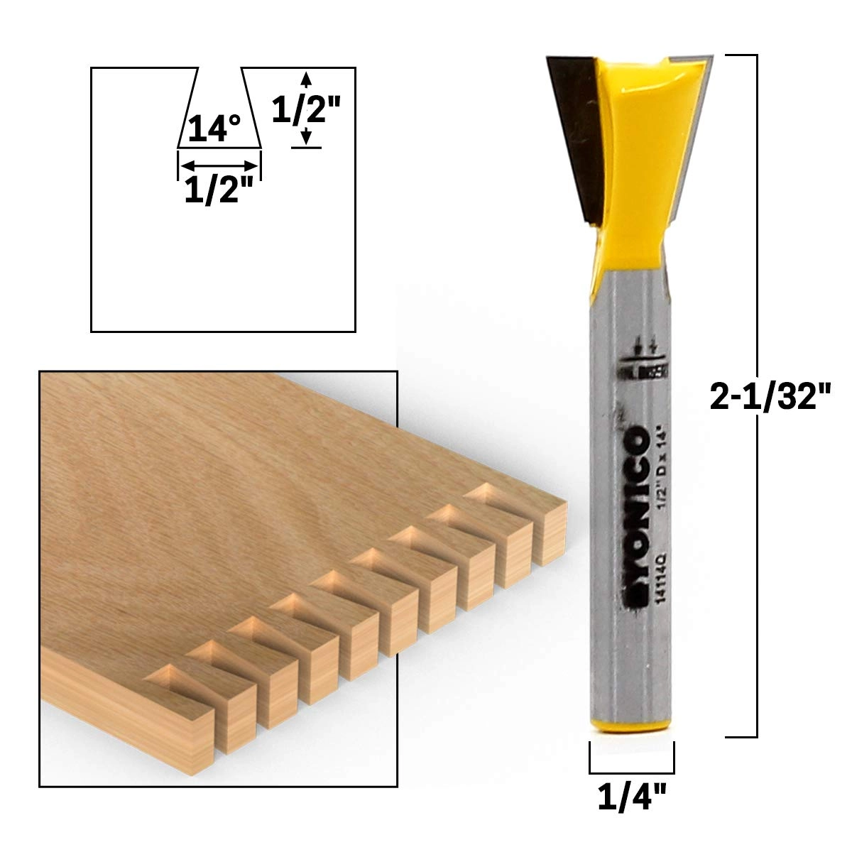 Dovetail Router Bit - 14 Degree 1/2-Inch 1/4-Inch Shank