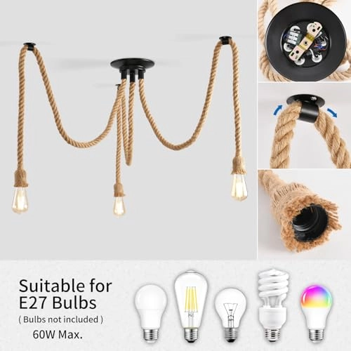 EA190825 - 3 Bulb E27 Hemp Rope