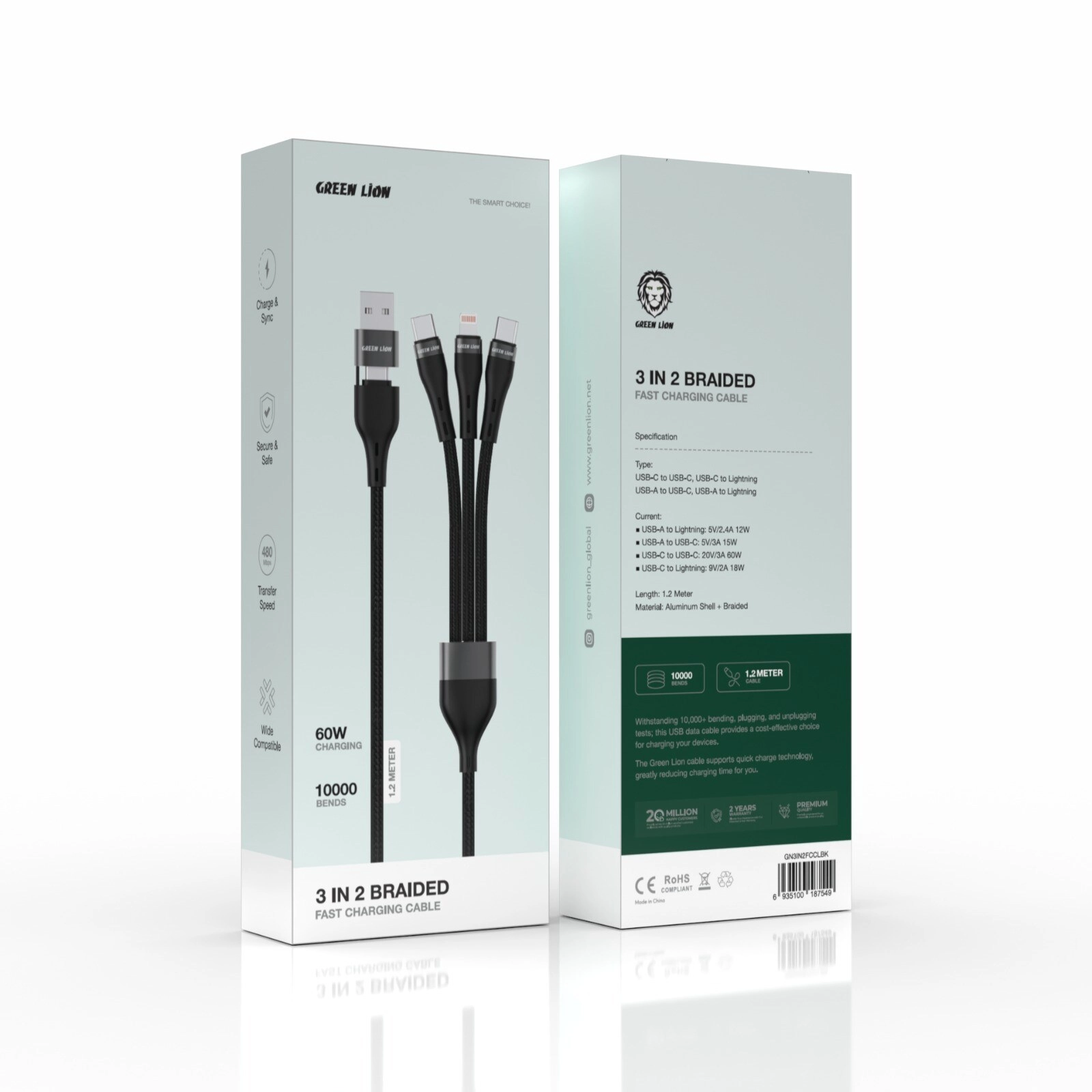 3-in-1 Cable 60W USB-A to USB-C 1.2m Braided