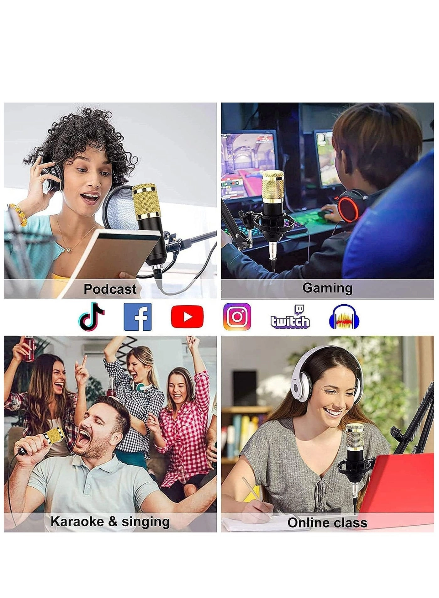 Microphone + Microphone Cable + Microphone Covers + Microphone Stand + Shock Mount + Double Layer Acoustic Filter + Live Sound Card + USB Cable + Audio Cables + Table Mount Clamp