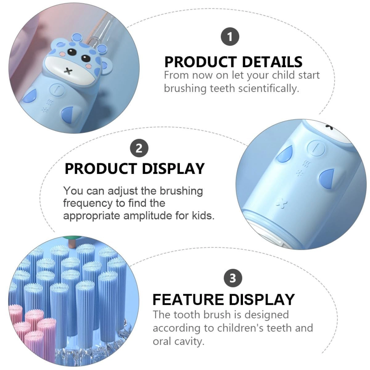 Electric Toothbrush - 2 Blue Animal Brush Heads USB Rechargeable Set