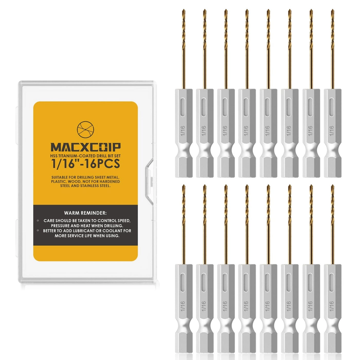 MACXCOIP Hex Shank Drill Bit Set - Titanium Coating 16Pcs 1/8""