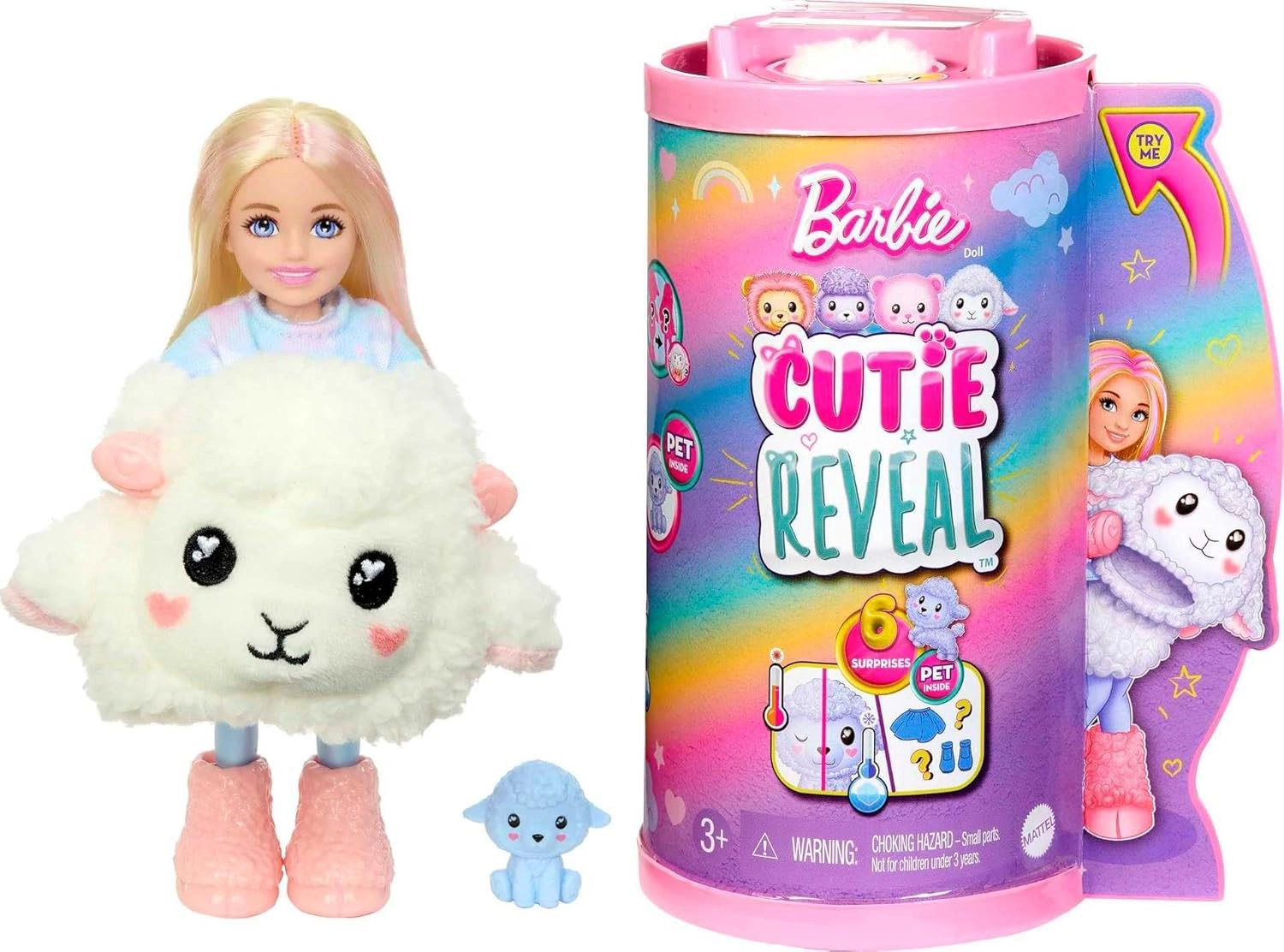 Barbie Cutie Reveal Cozy Cute Tees - Lamb in “Dream” T-shirt Pink-Streaked Blond Hair Blue Eyes Ages 3+