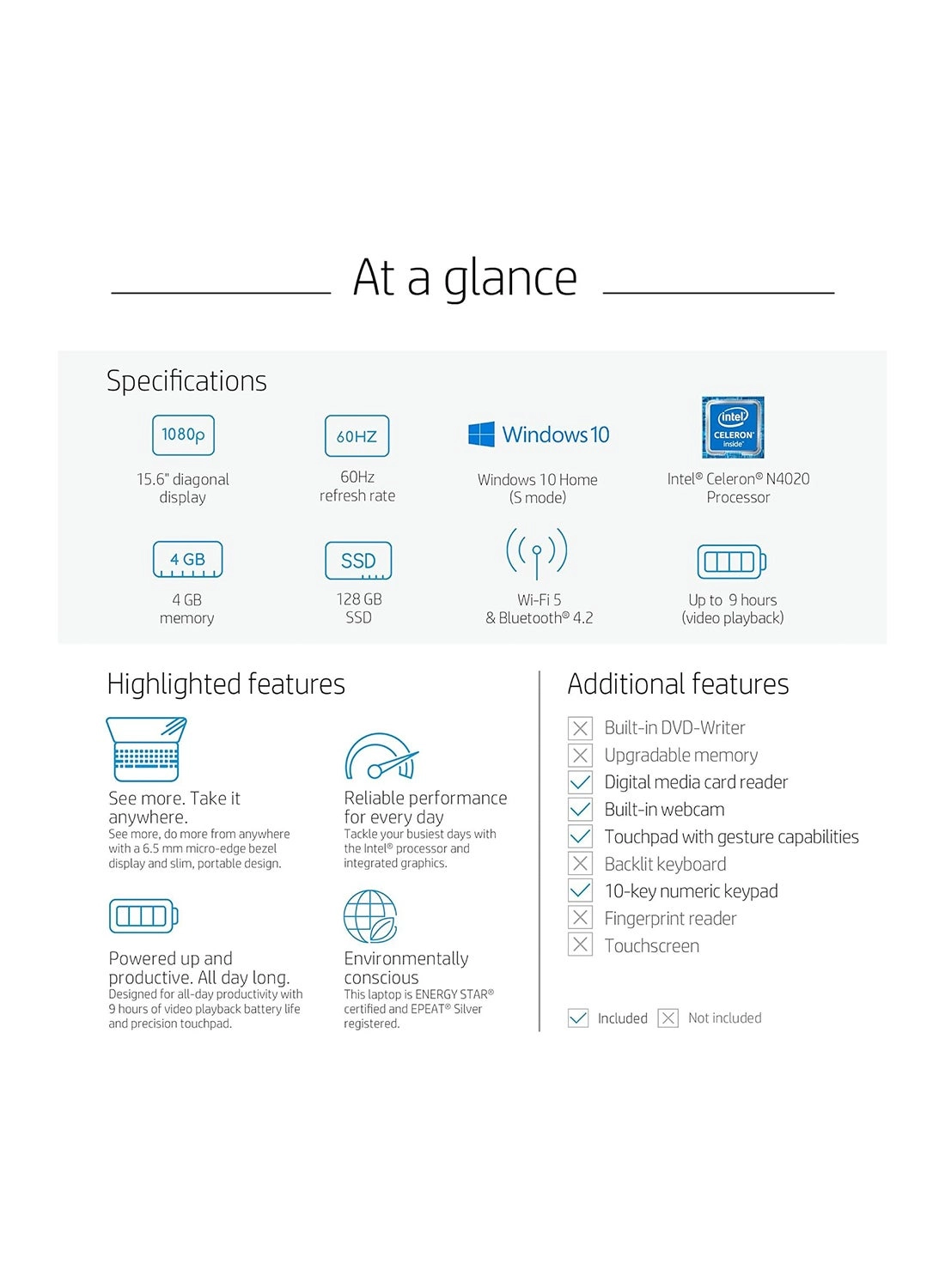 15-dw1001wm - 15.6'' Celeron N4020 8GB 128GB + TELA USB Card - 32GB