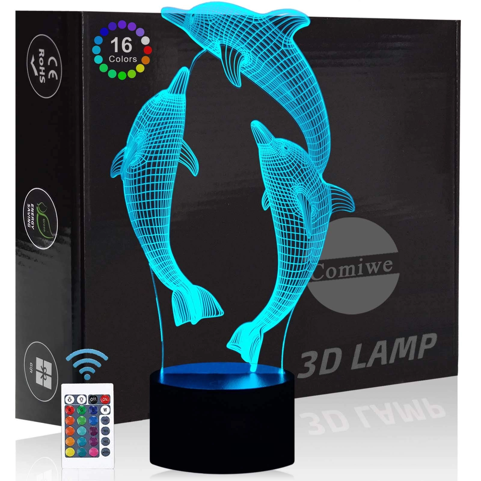 KOLITEE Dolphin 3D Illusion Night Light - Dual-powered 16 Colours