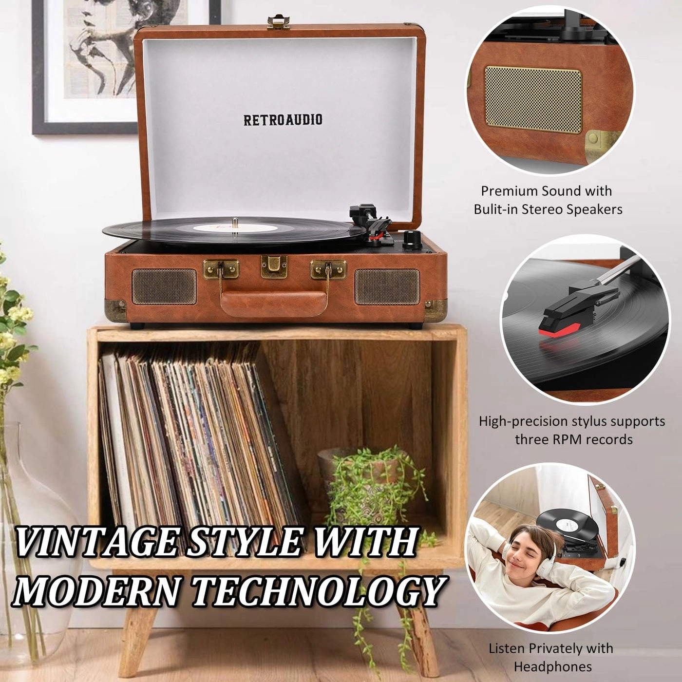 Vinyl Record Player - 24W Bookshelf Speakers BT IN&OUT
