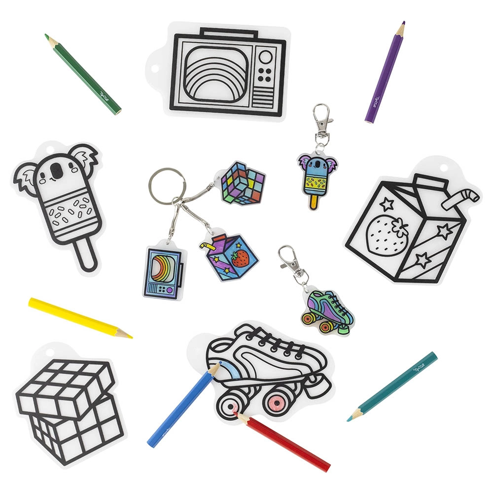 Shrinkorama - 5 pre-cut bag tag designs 3 keychains 6 coloured pencils