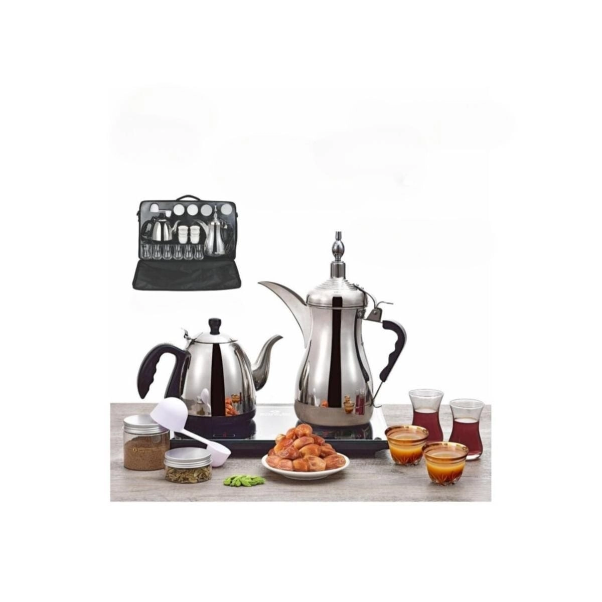 Arabic Dallah - Stainless Steel + Tea Pot + Portable Travel Bag