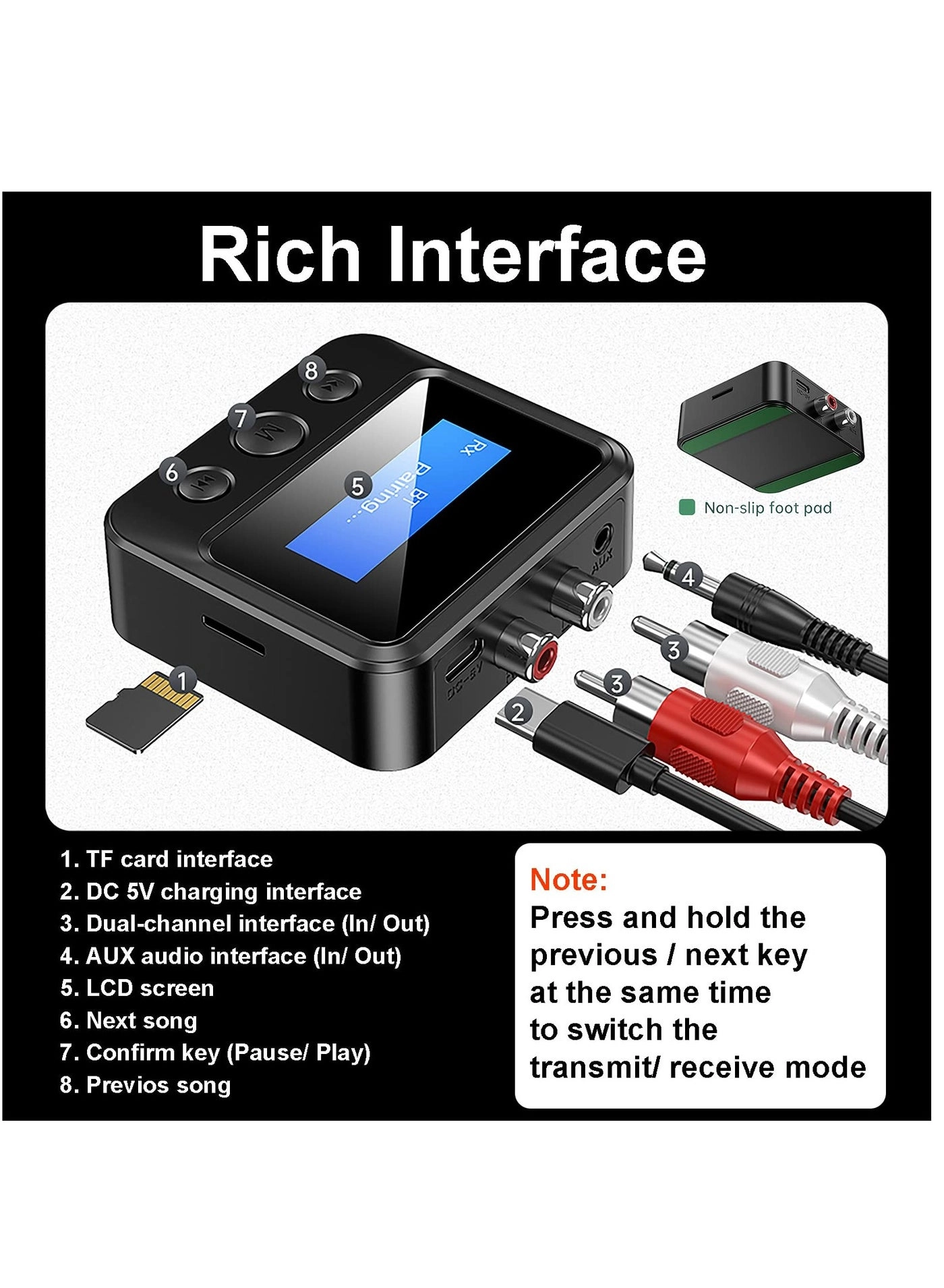 Bluetooth Transmitter & Receiver - Bluetooth 5.2 3.5mm AUX Built-in 250mAh Li-Polymer battery