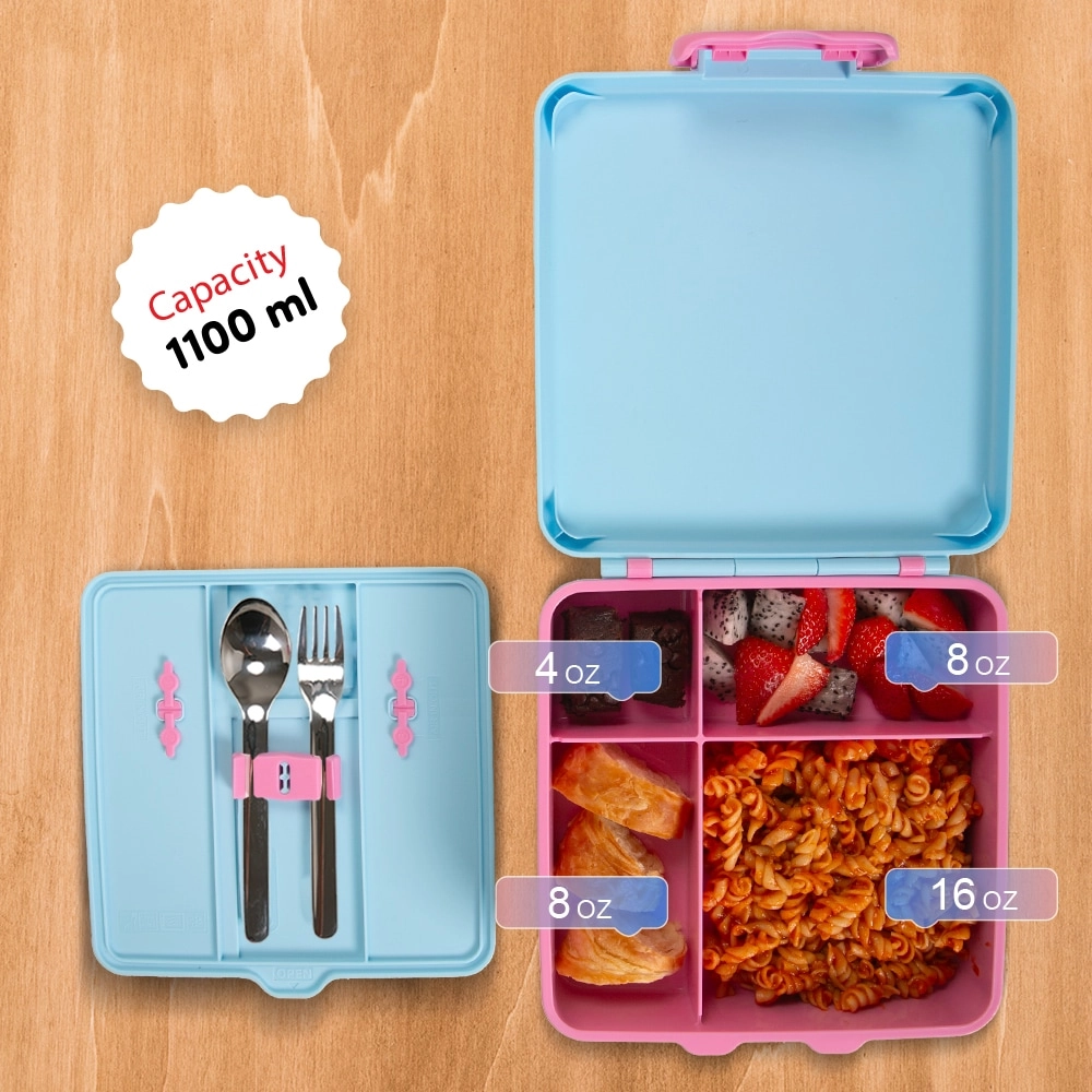 Jumbo Bento Lunch Box + Steel Water Bottle + Spoon & Fork Set + Insulated Lunch Bag + Ice Pack - Flamingo Pink 1100ml