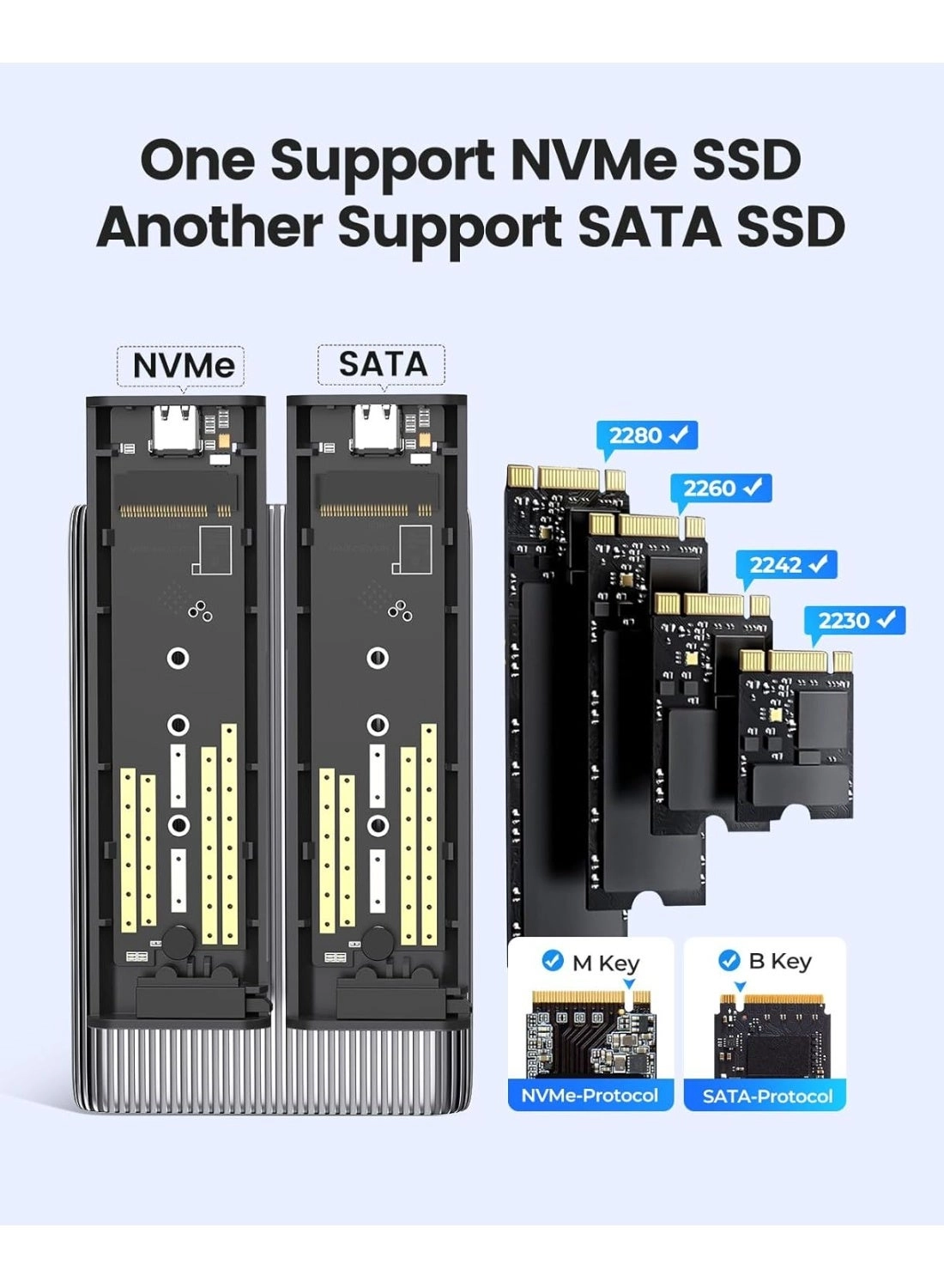Dual M.2 NVMe with SATA SSD Enclosure - USB C M Key PCIe & B+M Key 2230/2242/2260/2280