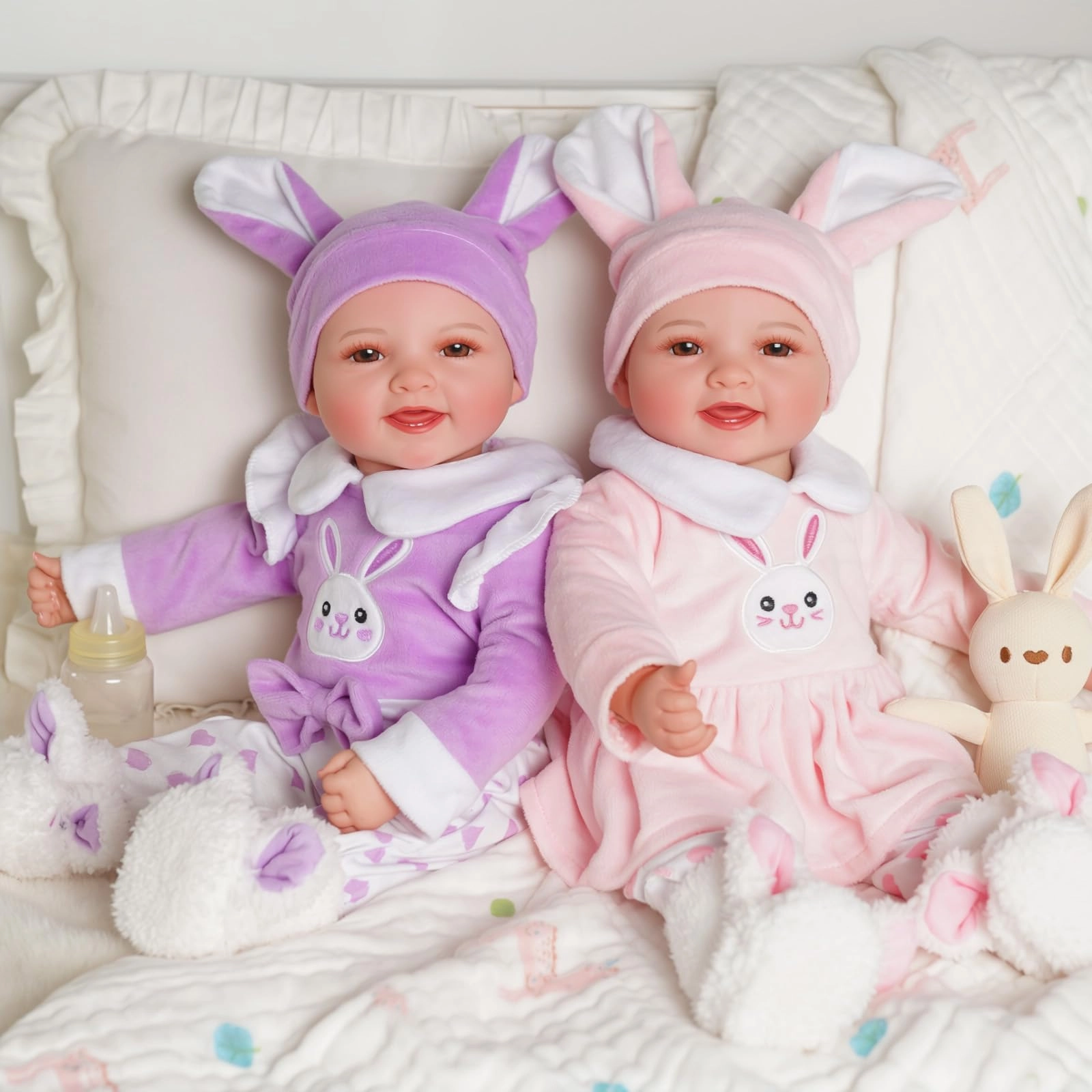 Twin Baby Dolls - 17 silicone vinyl Girl and Boy Newborn RabbitThemed Outfits Ages 3+