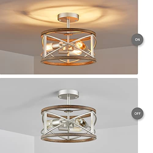 Chandelier - 3 Lights Imitation Nickel & Wood