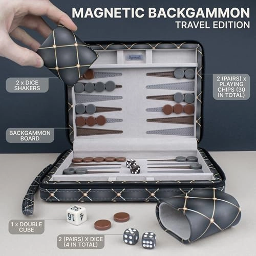 Magnetic Travel Backgammon Set - PU Leather 14" 32 Magnetic Pieces