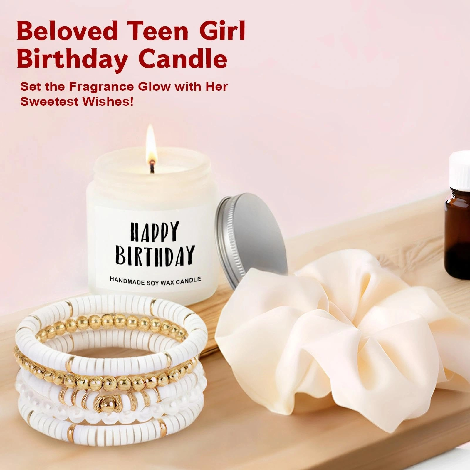 Retro Flowers Glass Cup + Happy Birthday Card + Clay Beaded Bracelet + HAPPY BIRTHDAY Candle + Bath Bomb + Silk Scrunchie + Flower Hair Clip - 7 pcs
