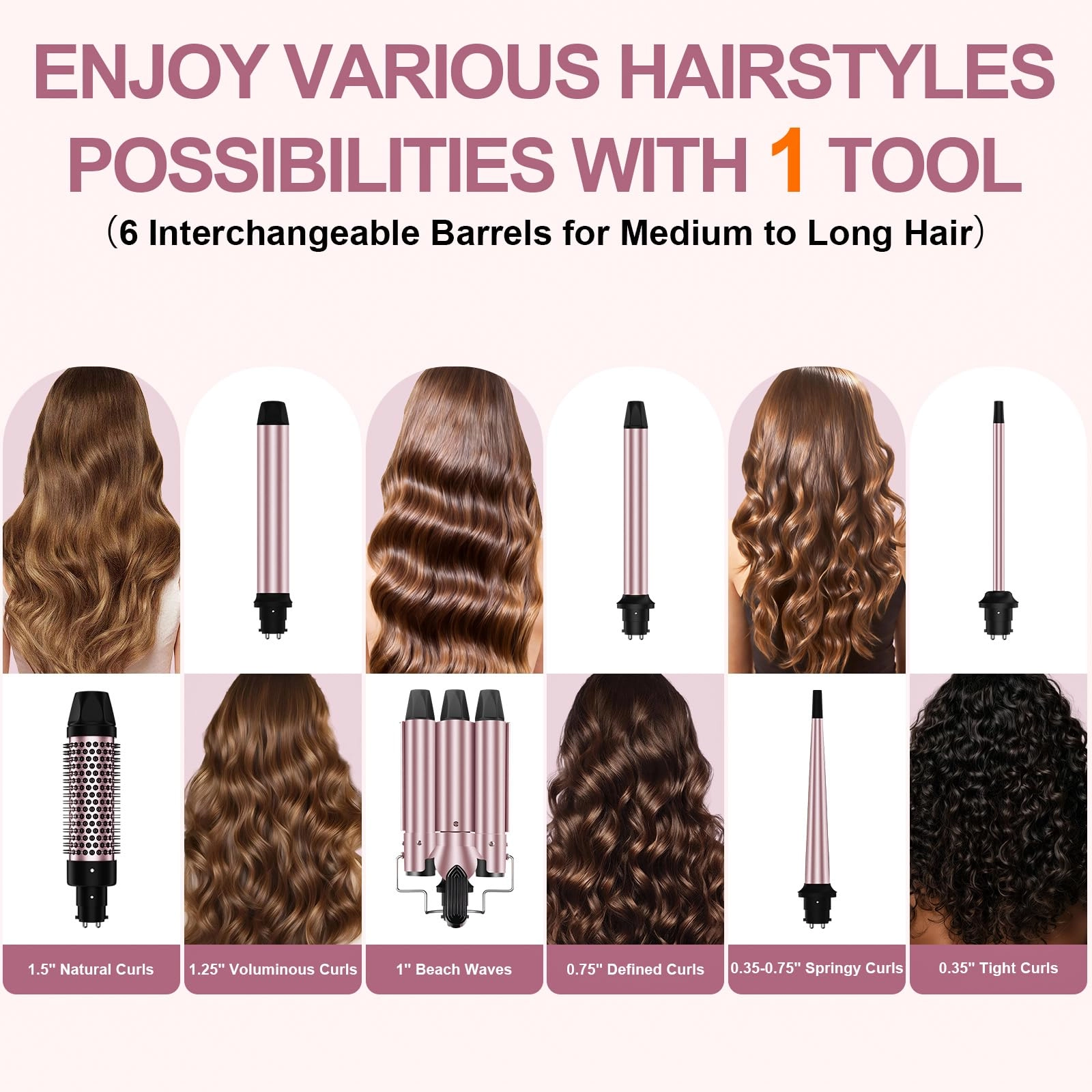 6 in 1 Curling Iron - 0.35"-0.75"-1"-1"-1.25"-1.5"